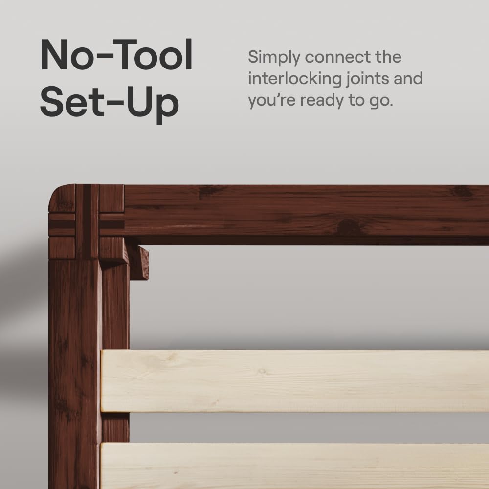 Bamboo  - Queen - Walnut - Floating Center Support Legs - 12” Height - Easy Tool Free Set Up - Contemporary and Durable - Sturdy Wooden Support