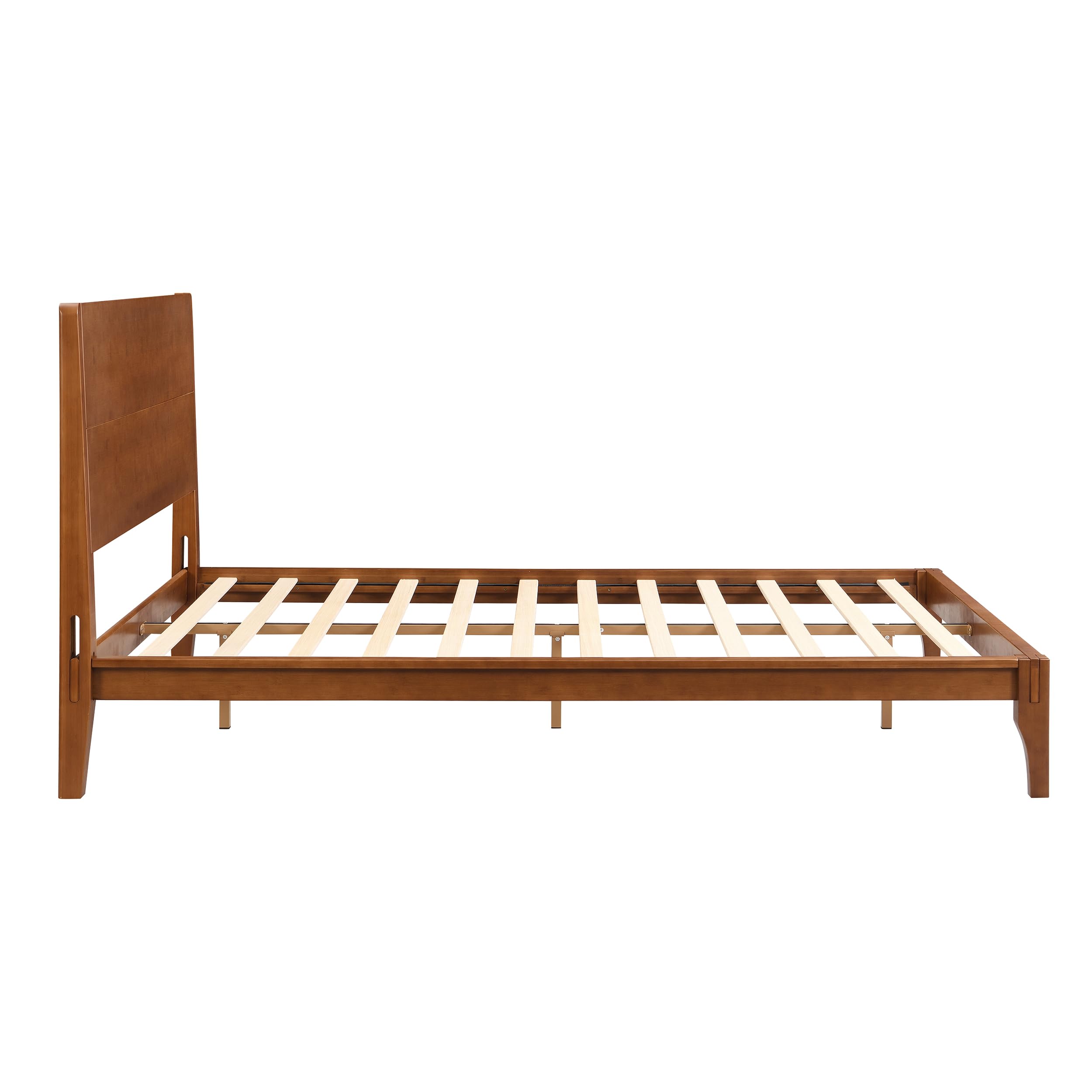 Queen Size Bamboo Platform Bed, Mid-Century Modern Bed Frame with Tall Headboard, Wood Slat Support, No Box Spring Needed, , Brown