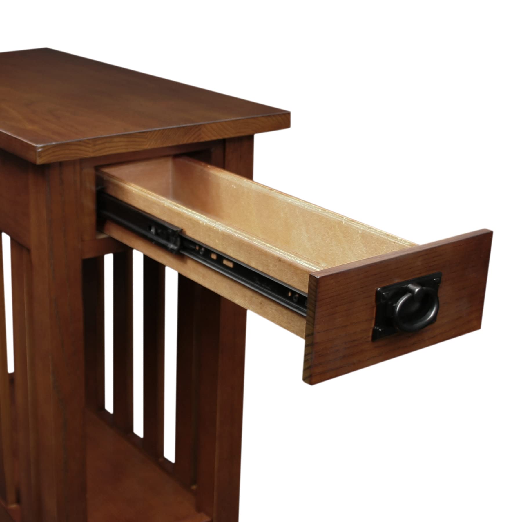 Mission End Table, Solid Wood with Drawer & Bottom Shelf, Narrow Slatted Side Table, Easy Assembly, Medium Oak, 23.5"x17"x24", 8202