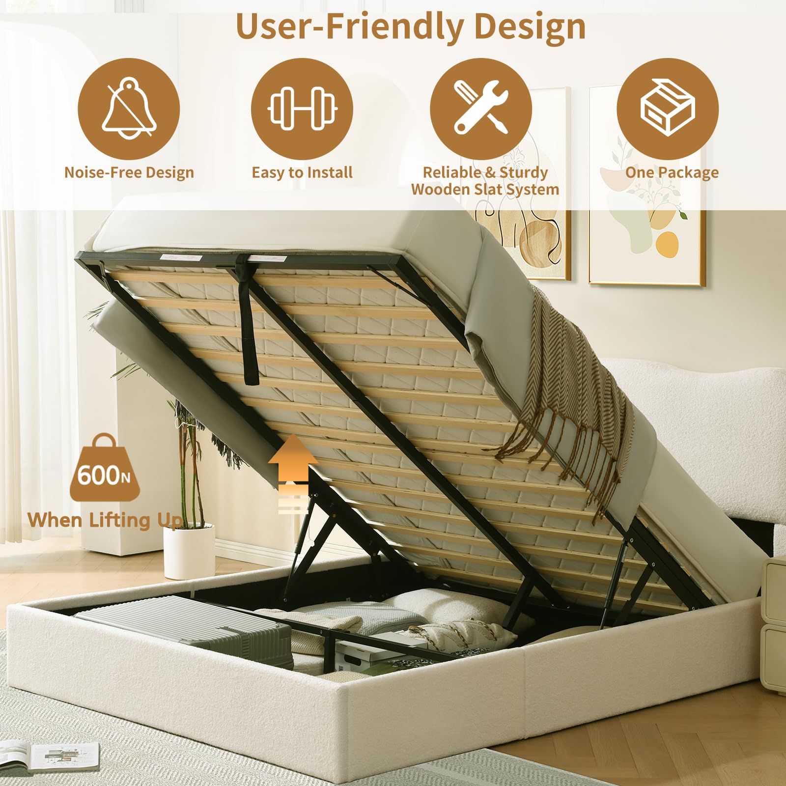 Queen Size Lift-Up Storage Bed, Upholstered Boucle Bed with Curved Headboard, Rounded Corners, Sturdy Wooden Slat Support, , , Cream White