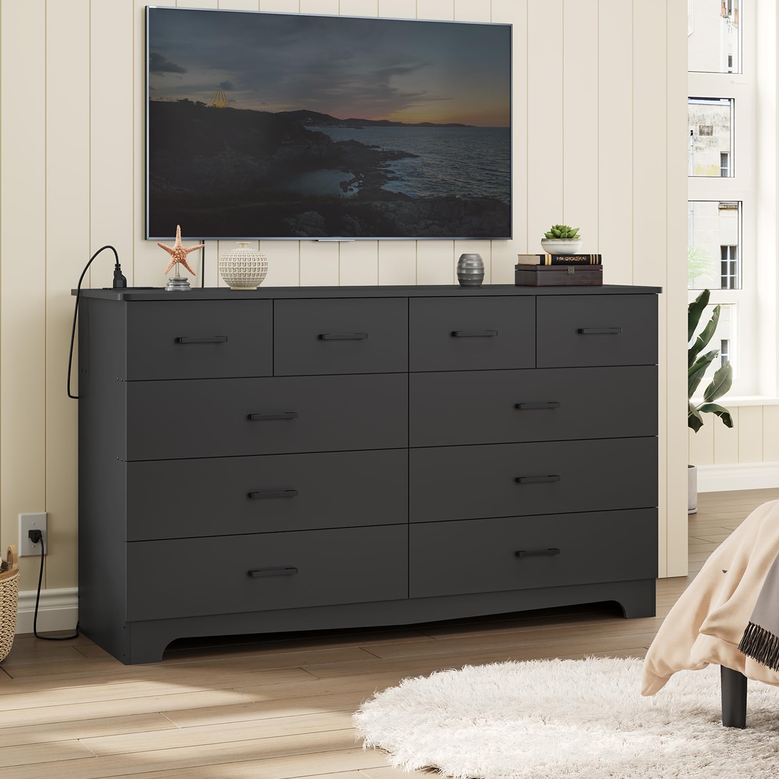 Black 10 Drawer Dresser with Power Outlets, 55" Wide Chest of Drawers TV Stand for Bedroom, Living Room, Storage Organizer