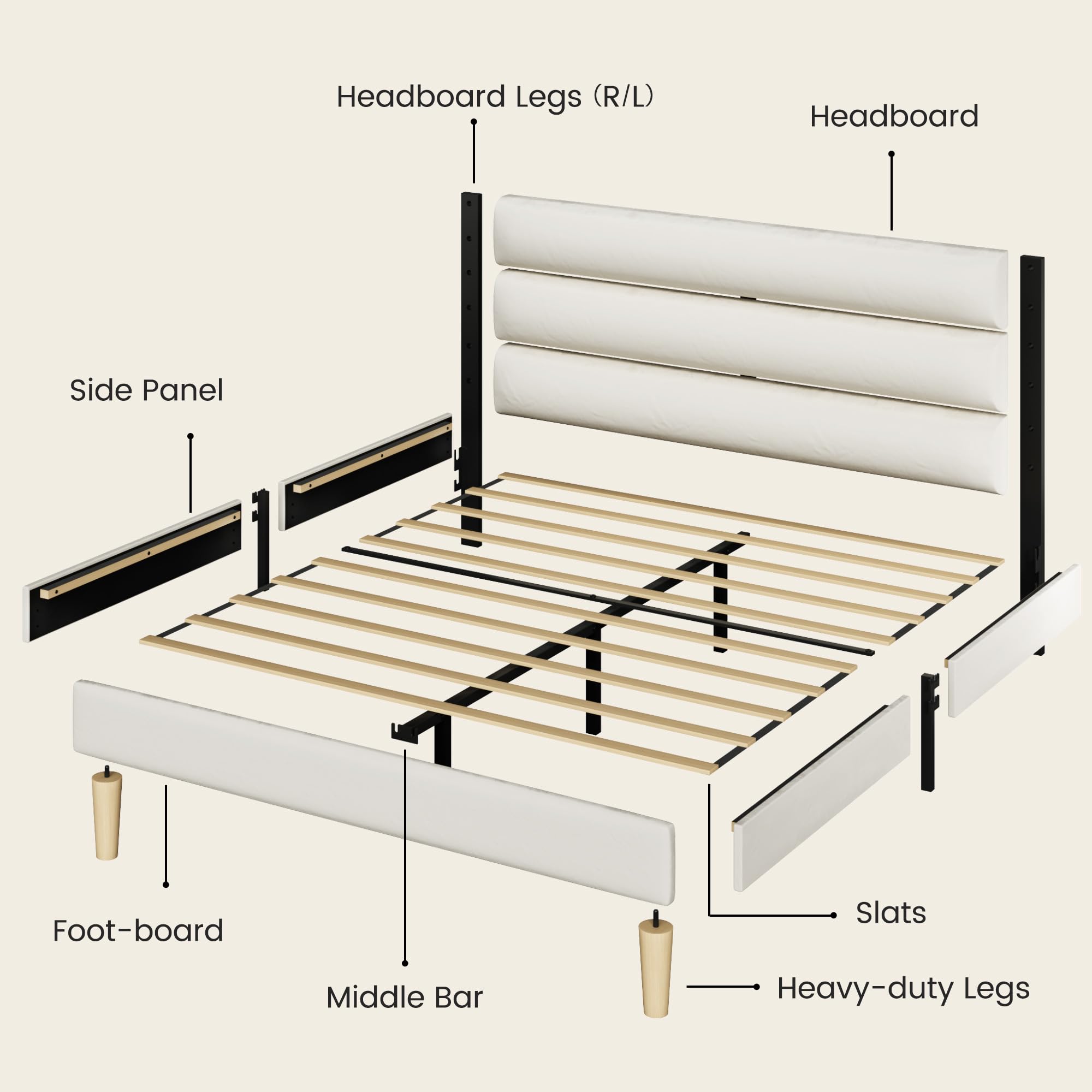 Queen Bed Frame, Platform Bed Frame with Velvet Upholstered Headboard, , Sturdy Metal Support, Noise Free, , Modern Bedroom Furniture, Beige