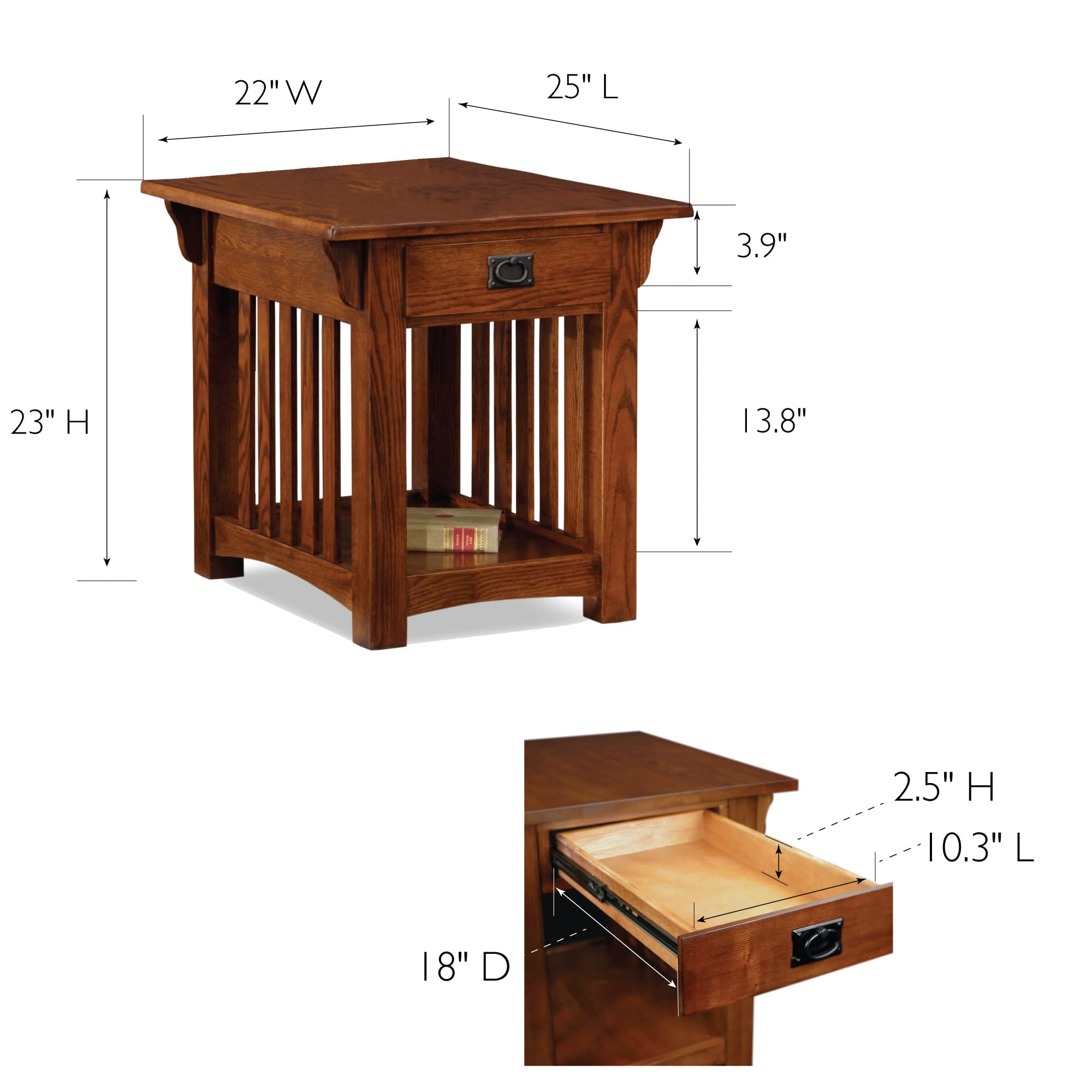 Mission End Table, Solid Wood with Drawer & Bottom Shelf, Slatted Sides, Easy Assembly, Medium Oak, 25"W x 22"L x 23"H, Model 8207