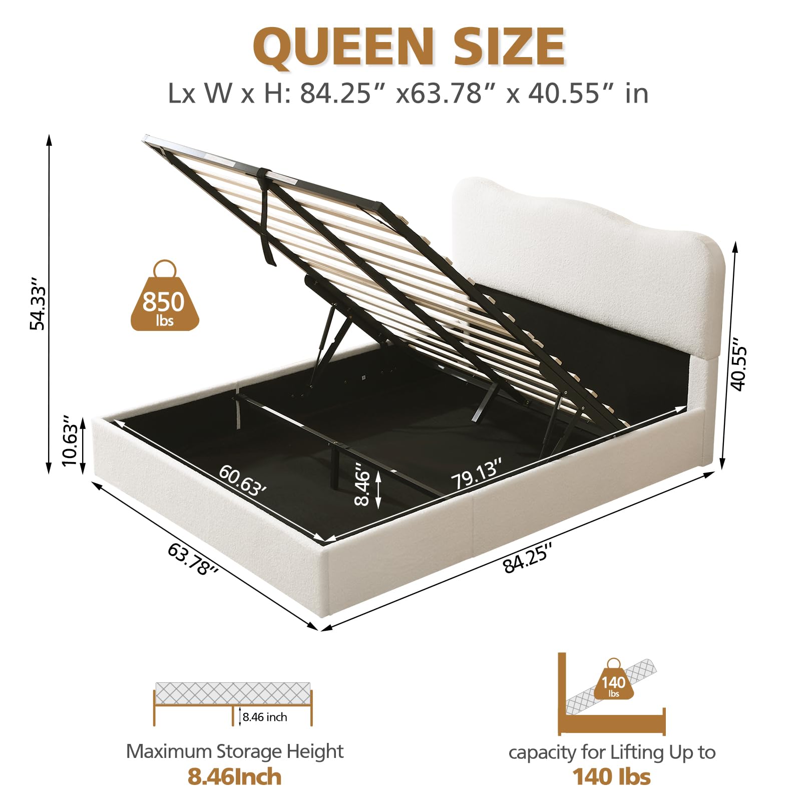 Queen Size Lift-Up Storage Bed, Upholstered Boucle Bed with Curved Headboard, Rounded Corners, Sturdy Wooden Slat Support, , , Cream White