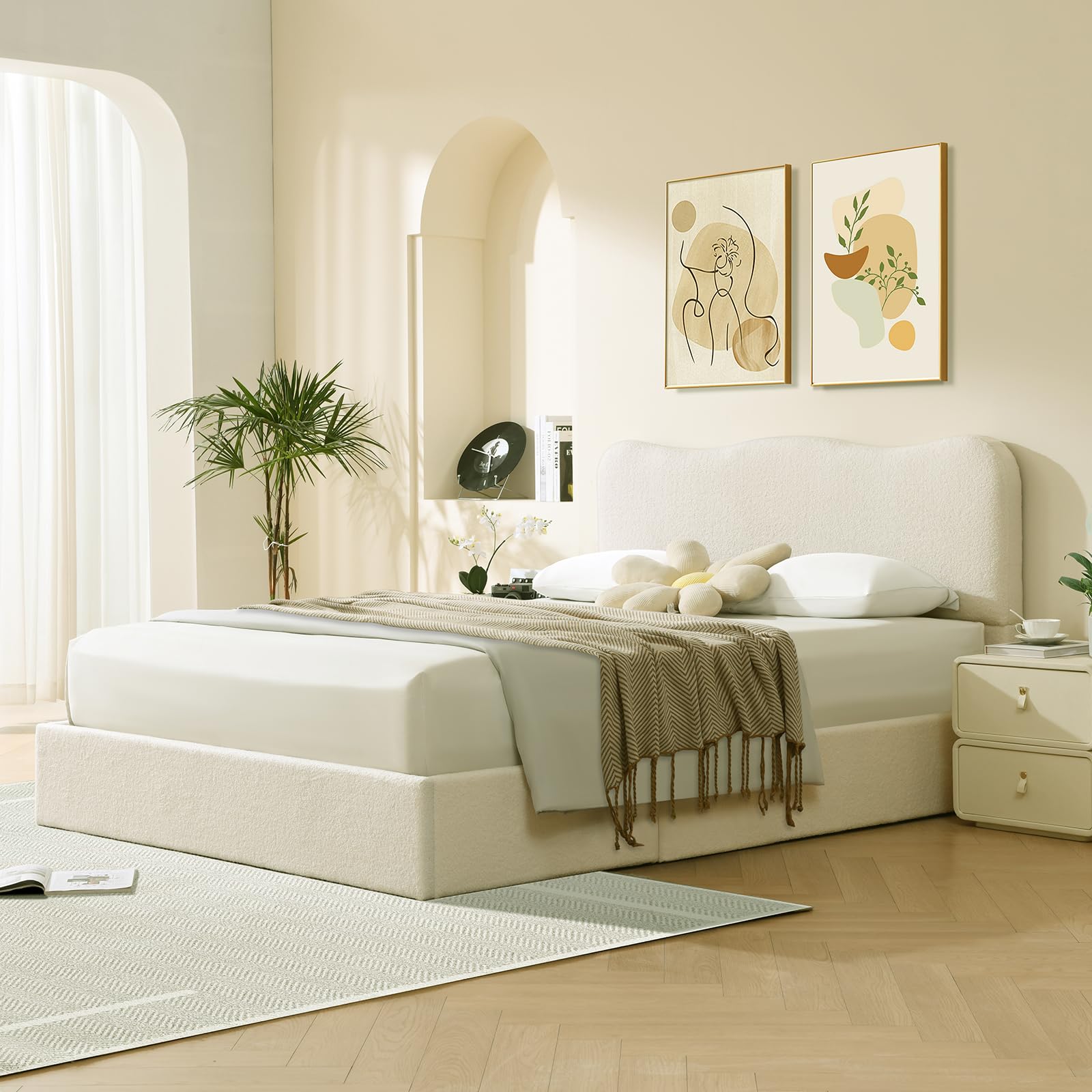 Queen Size Lift-Up Storage Bed, Upholstered Boucle Bed with Curved Headboard, Rounded Corners, Sturdy Wooden Slat Support, , , Cream White