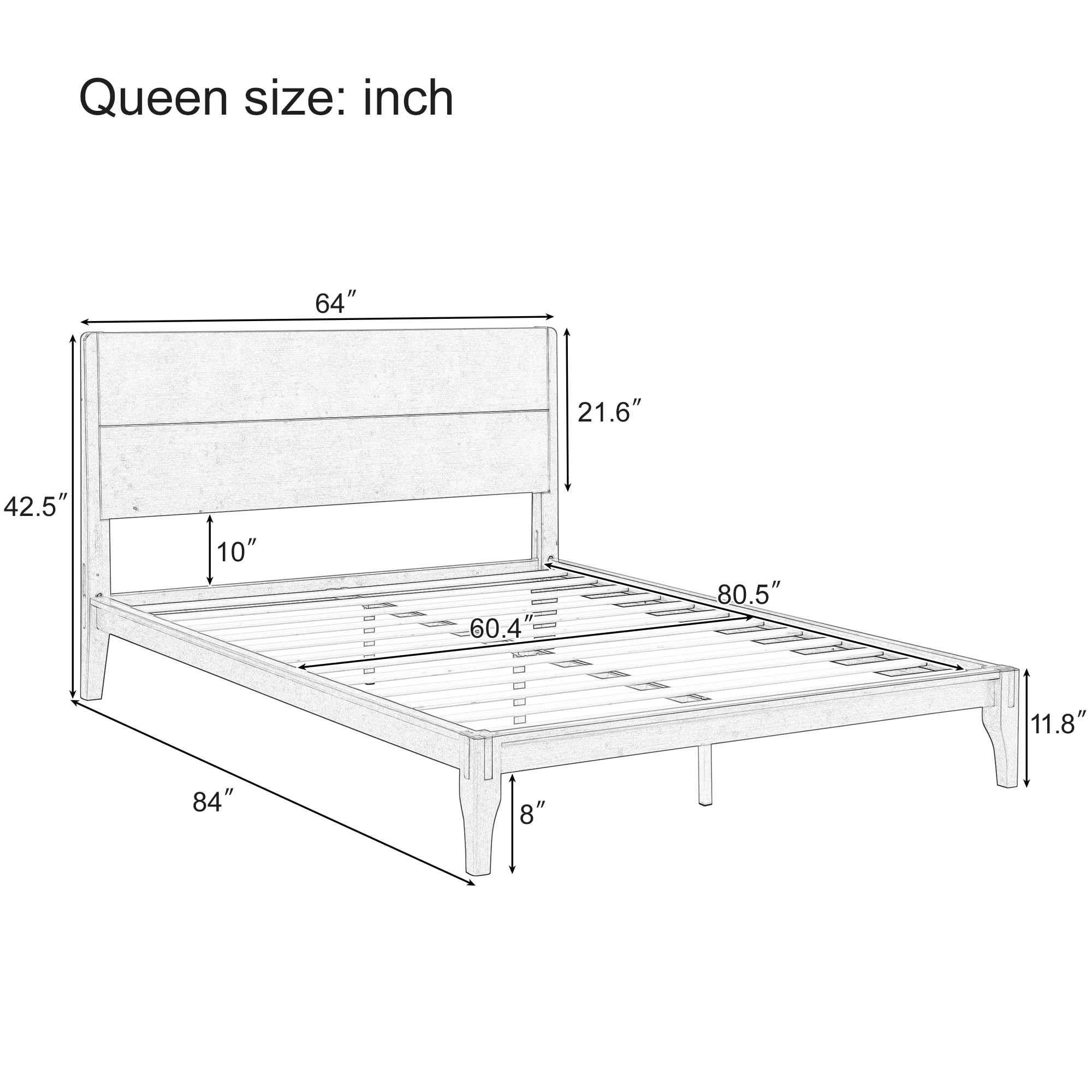 Queen Size Bamboo Platform Bed, Mid-Century Modern Bed Frame with Tall Headboard, Wood Slat Support, No Box Spring Needed, , Brown