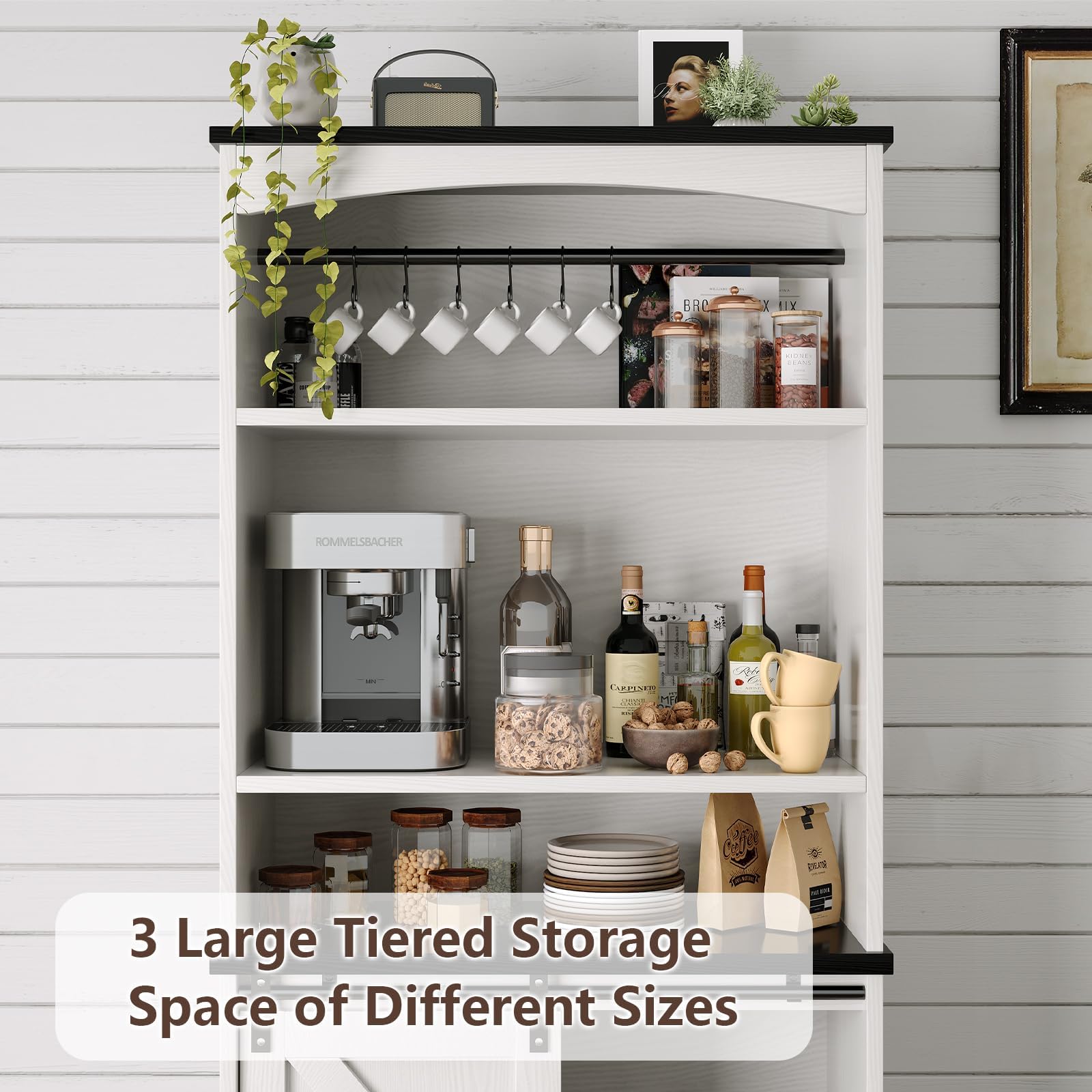 Farmhouse Tall Coffee Bar with Tall Hutch, White Coffee Bar Cabinet with 3 Tier Shelves, 70 Inch Buffet Cabinet with Sliding Barn Door and Adjustable