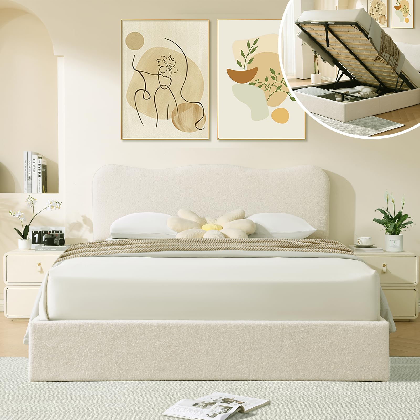 Queen Size Lift-Up Storage Bed, Upholstered Boucle Bed with Curved Headboard, Rounded Corners, Sturdy Wooden Slat Support, , , Cream White