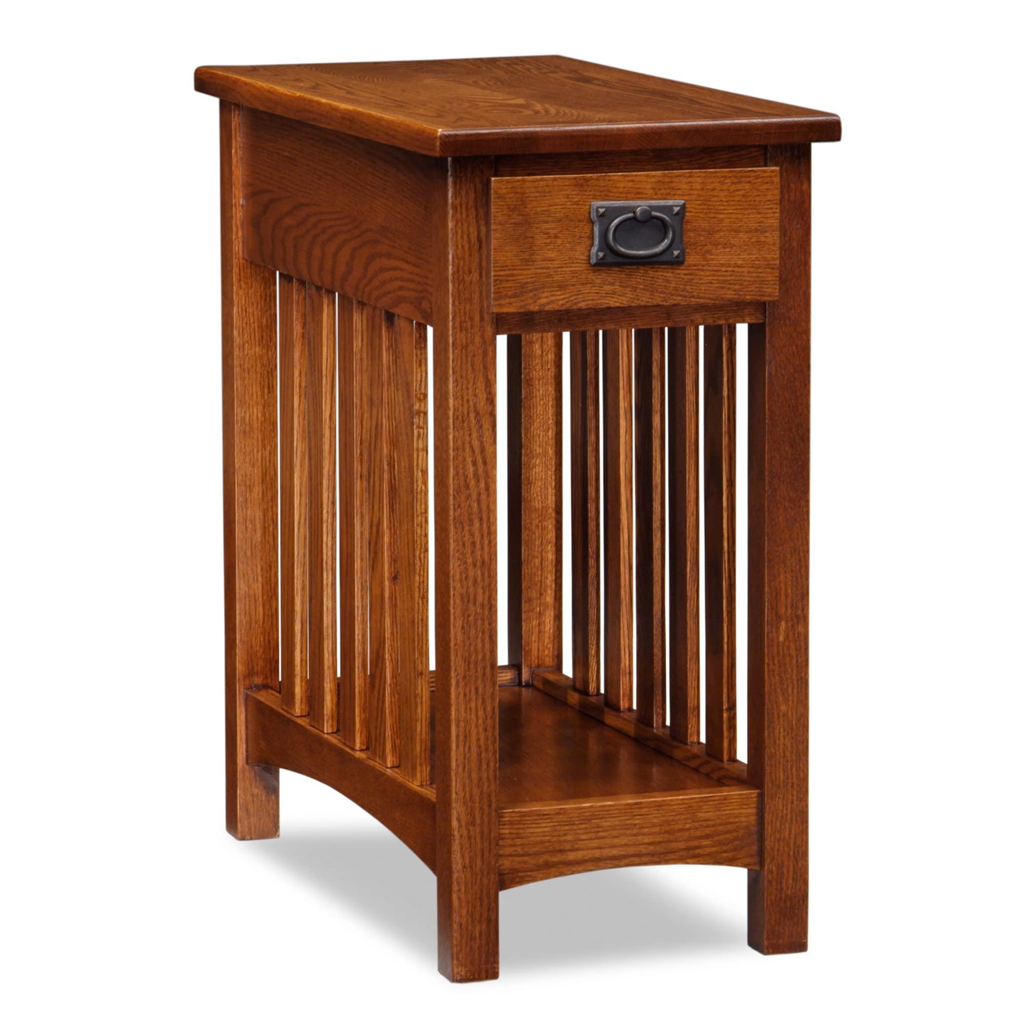 Mission End Table, Solid Wood with Drawer & Bottom Shelf, Narrow Slatted Side Table, Easy Assembly, Medium Oak, 23.5"x17"x24", 8202