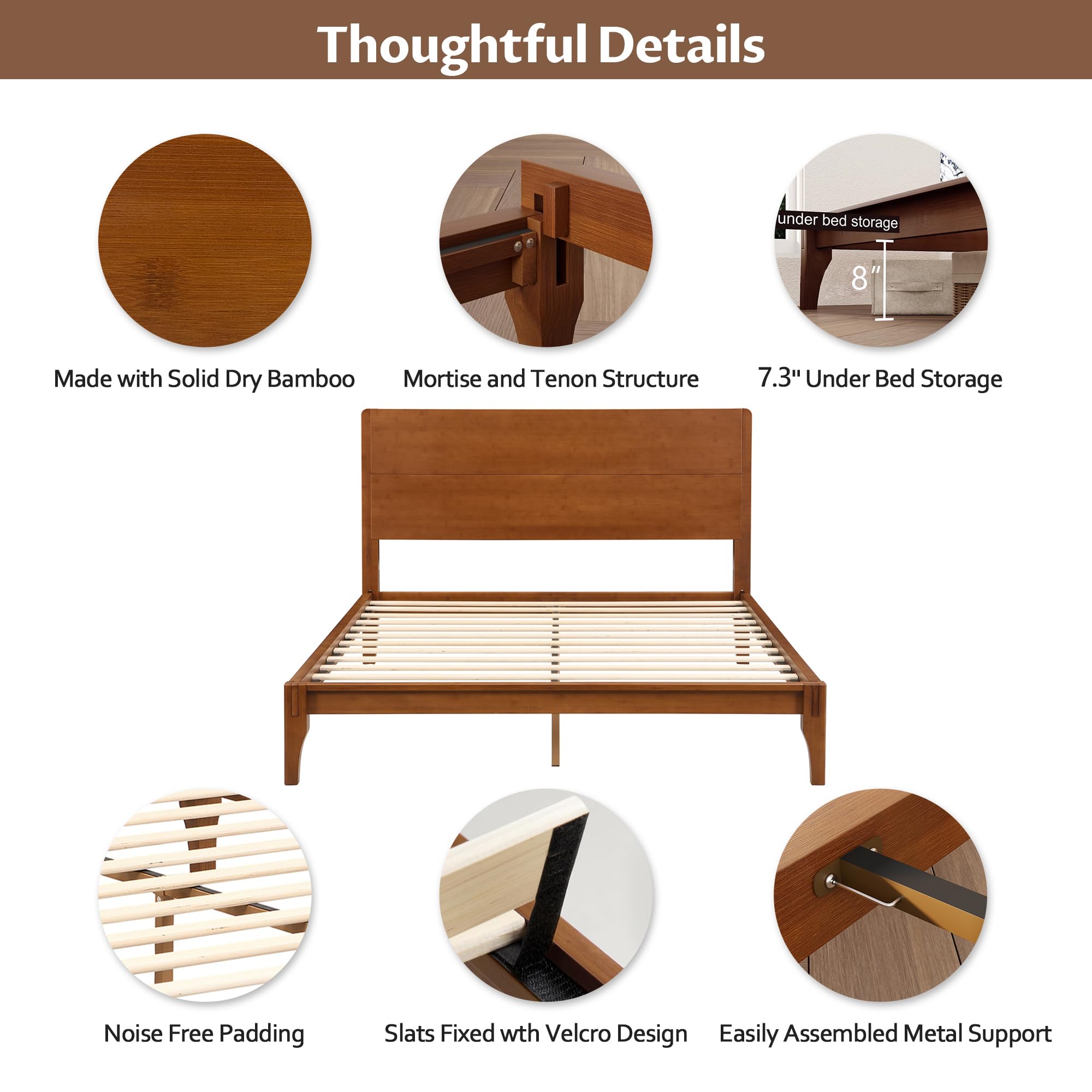 Queen Size Bamboo Platform Bed, Mid-Century Modern Bed Frame with Tall Headboard, Wood Slat Support, No Box Spring Needed, , Brown