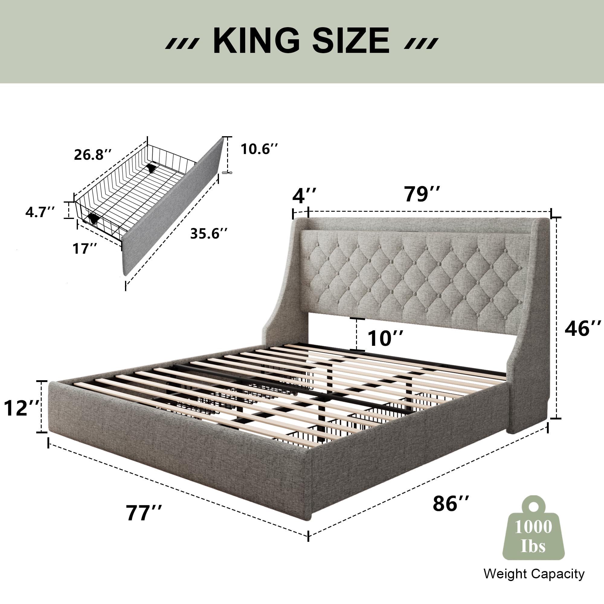 King Size Bed Frame with 4 Drawers, Upholstered Storage Bed with Charging Station, Tufted Wingback Storage Headboard, , Light Grey