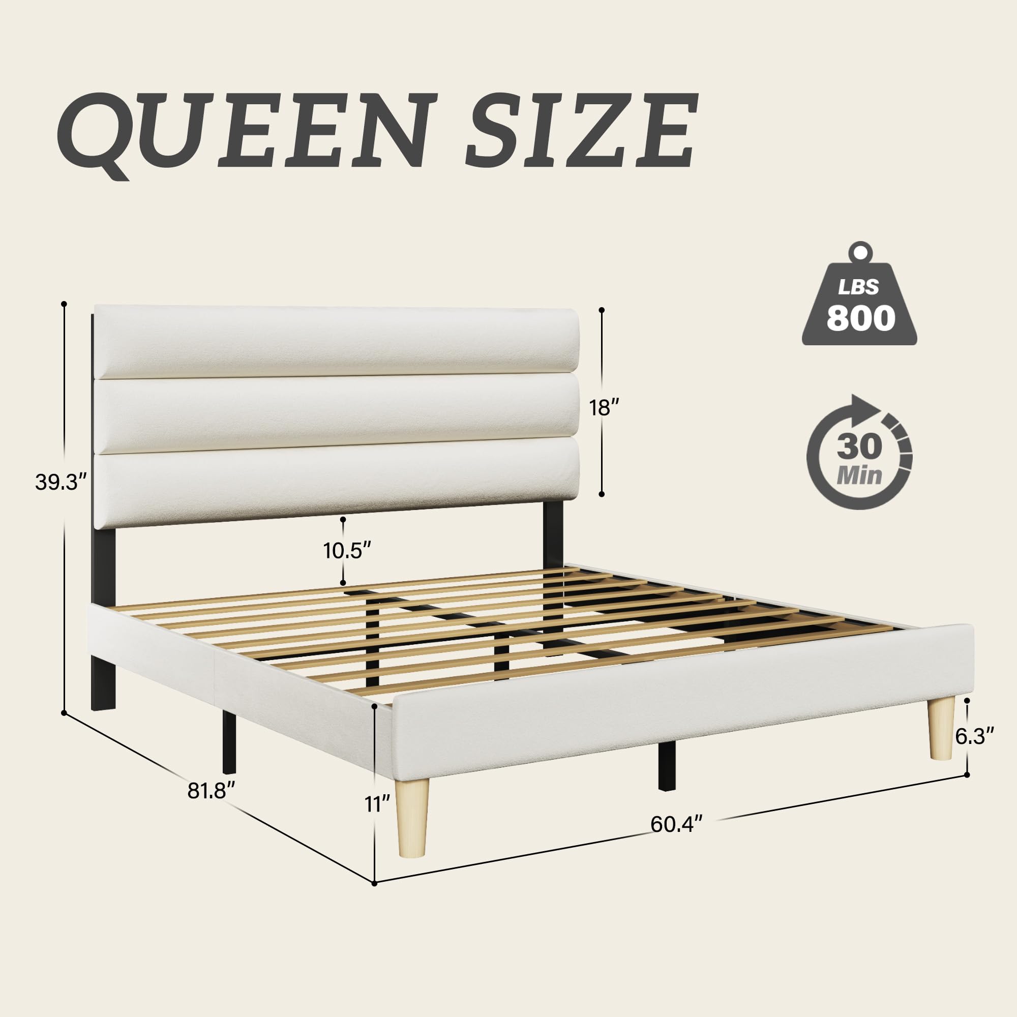 Queen Bed Frame, Platform Bed Frame with Velvet Upholstered Headboard, , Sturdy Metal Support, Noise Free, , Modern Bedroom Furniture, Beige