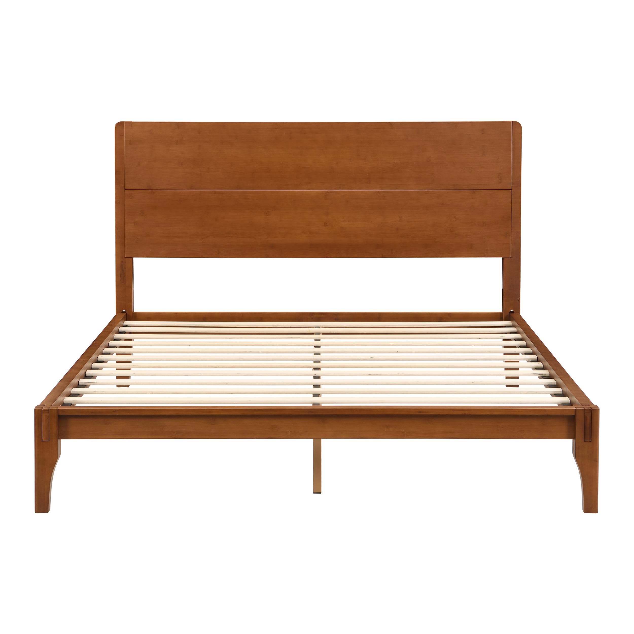 Queen Size Bamboo Platform Bed, Mid-Century Modern Bed Frame with Tall Headboard, Wood Slat Support, No Box Spring Needed, , Brown