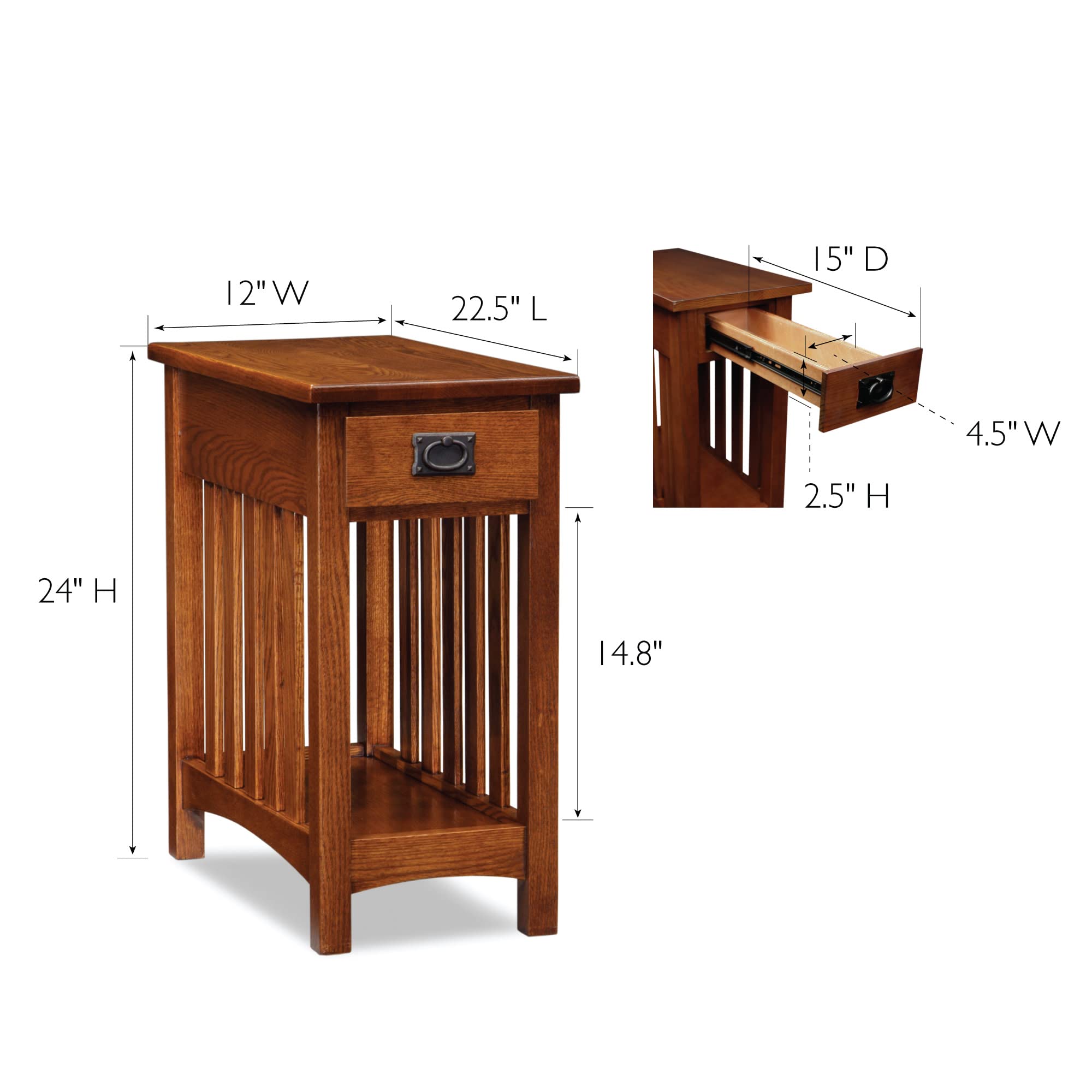 Mission End Table, Solid Wood with Drawer & Bottom Shelf, Narrow Slatted Side Table, Easy Assembly, Medium Oak, 23.5"x17"x24", 8202