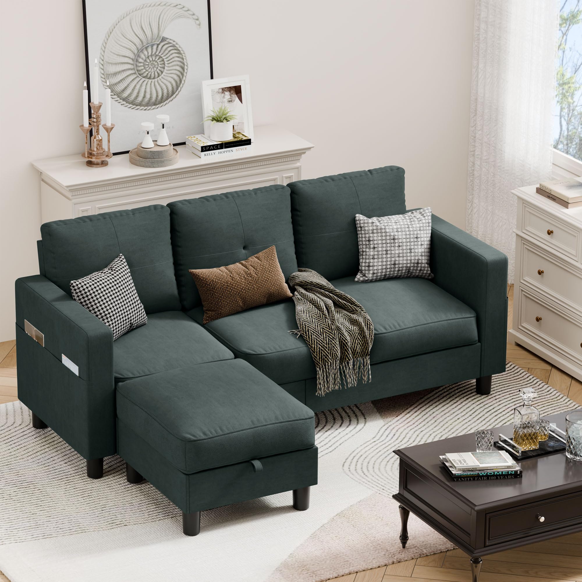 Convertible Sectional Couch, 3-Seat L-Shaped Sofa with Movable Ottoman, Polyester Fabric Sofa for Living Room, Apartment, Office, Dark Green