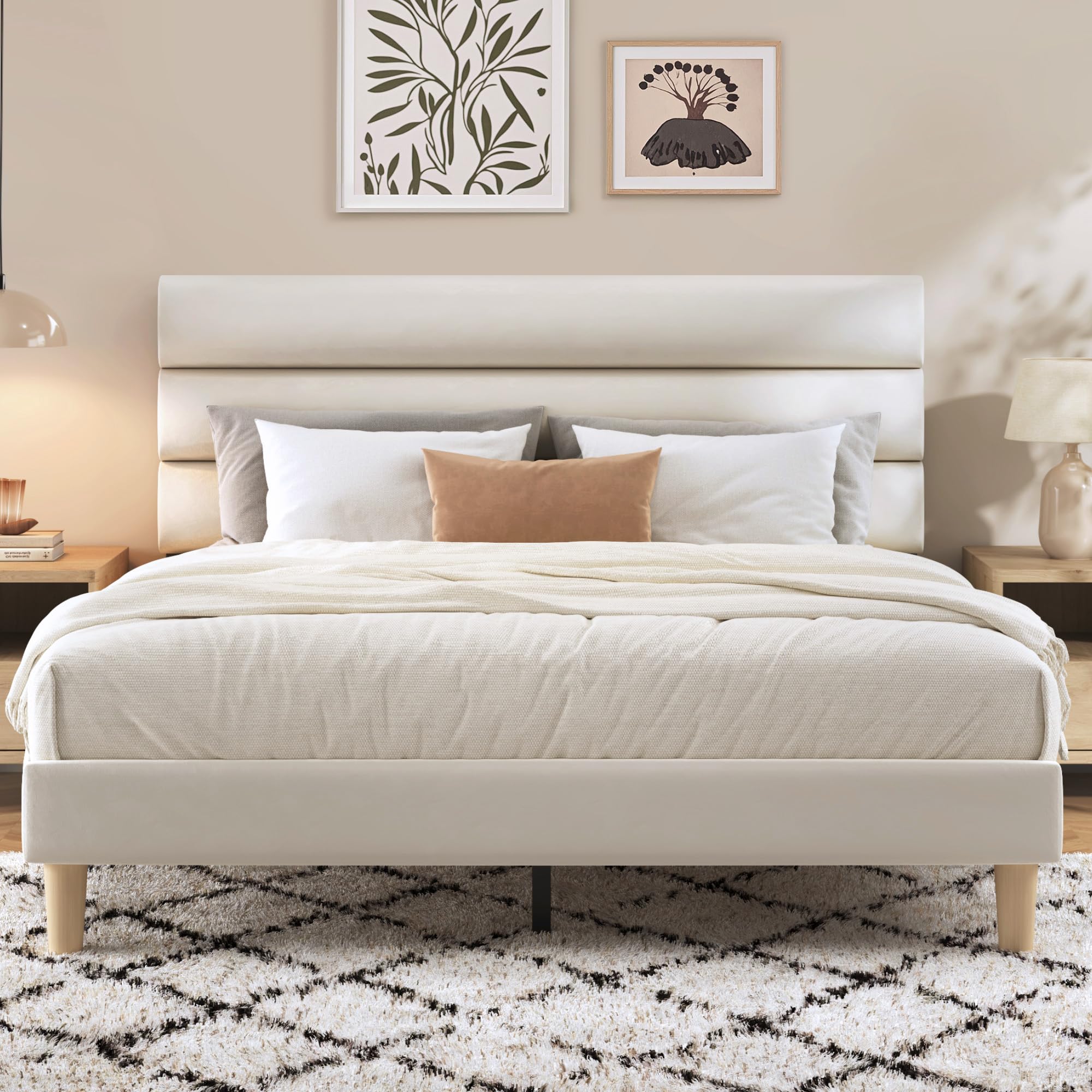 Queen Bed Frame, Platform Bed Frame with Velvet Upholstered Headboard, , Sturdy Metal Support, Noise Free, , Modern Bedroom Furniture, Beige