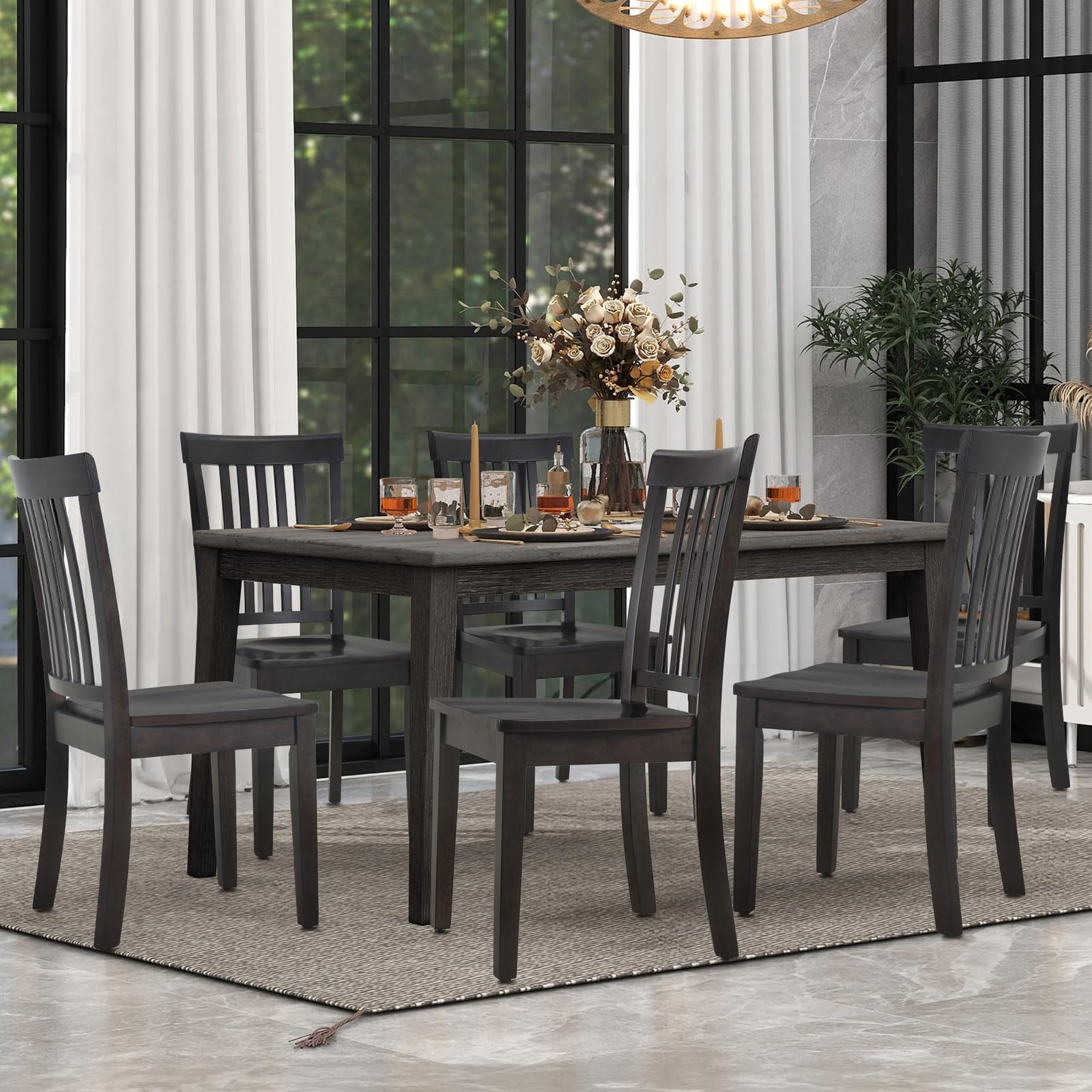 Wooden Dining Chairs Set of 6, Spindle High Back Windsor Kitchen Side Chair, Farmhouse Dining Chairs for Kitchen and Dining Room, Dark Brown