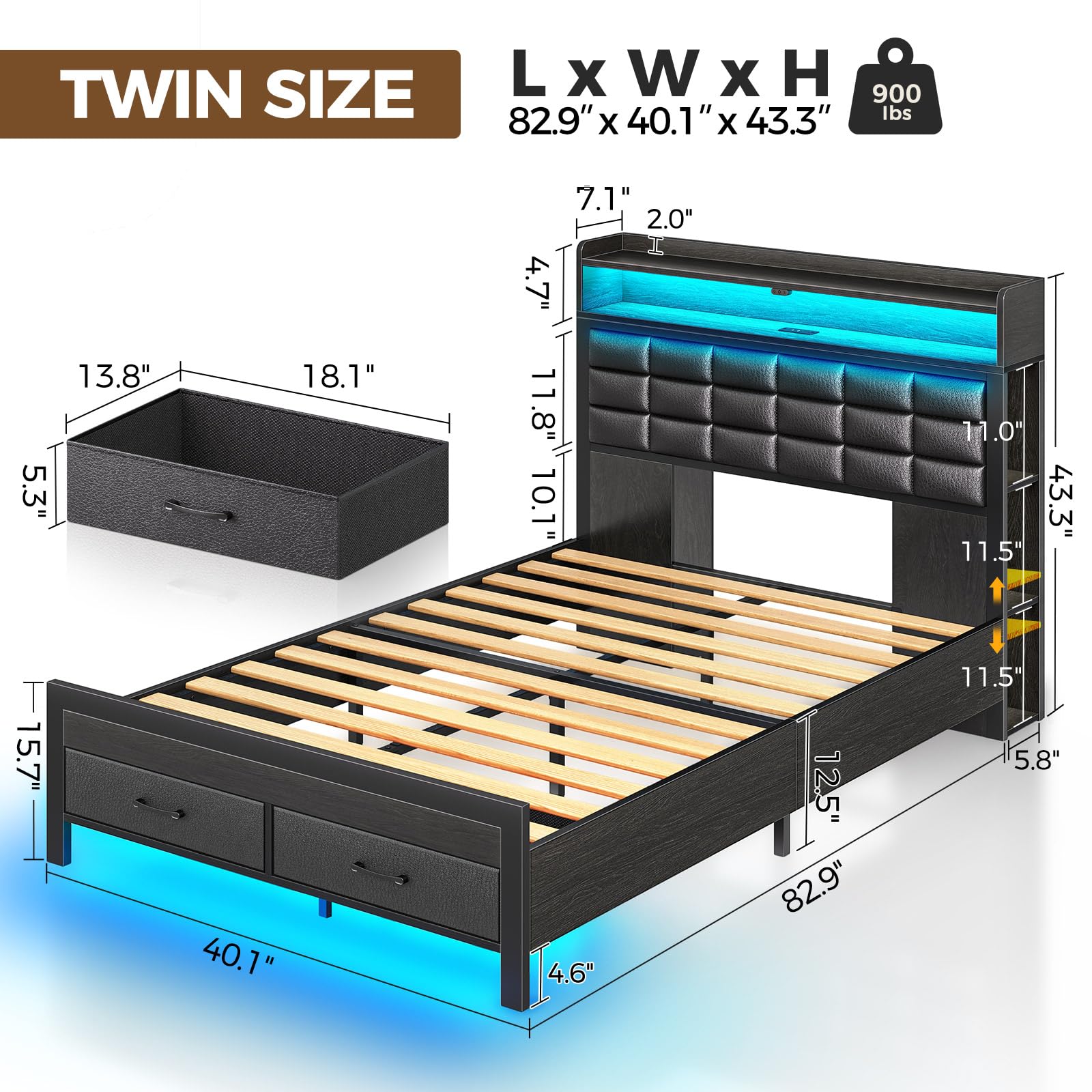 Twin Upholstered Platform Bed Frame with LED Light, Charging Station, Storage Headboard & 2 Drawers, No Box Spring Needed – Black