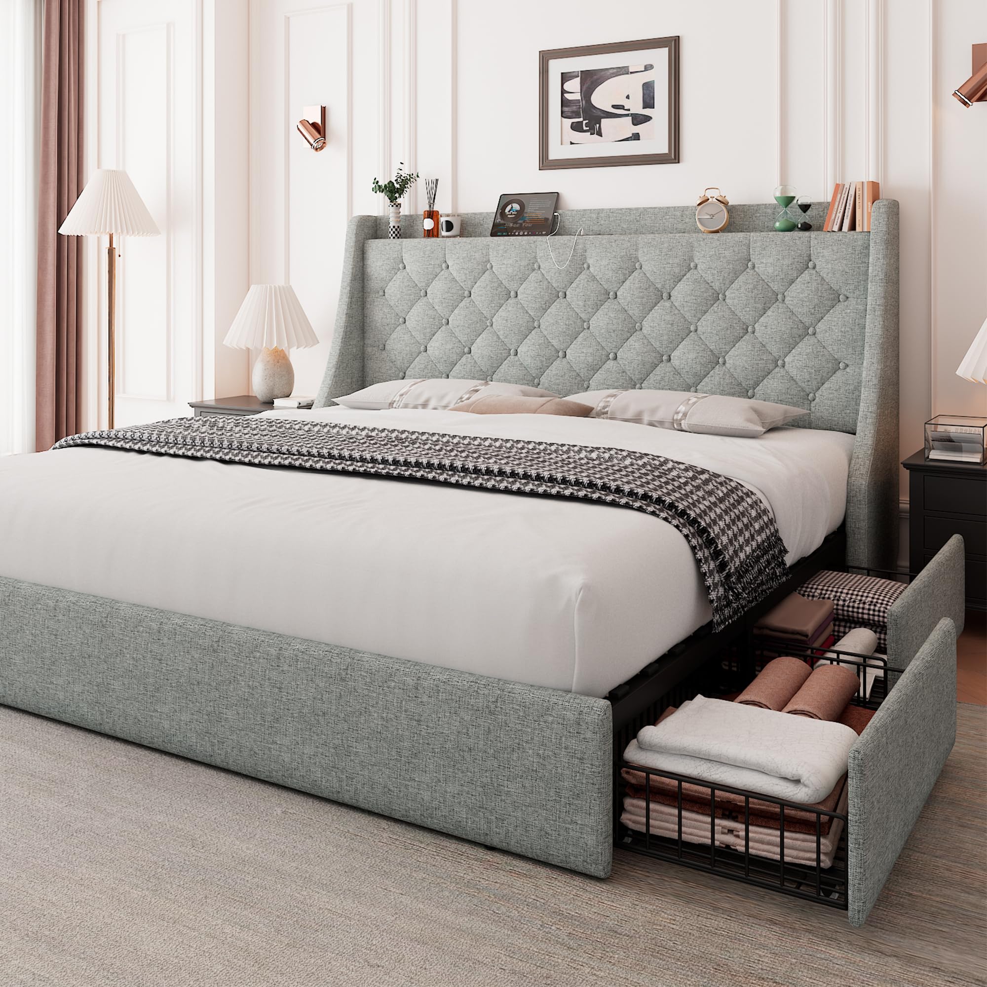 King Size Bed Frame with 4 Drawers, Upholstered Storage Bed with Charging Station, Tufted Wingback Storage Headboard, , Light Grey