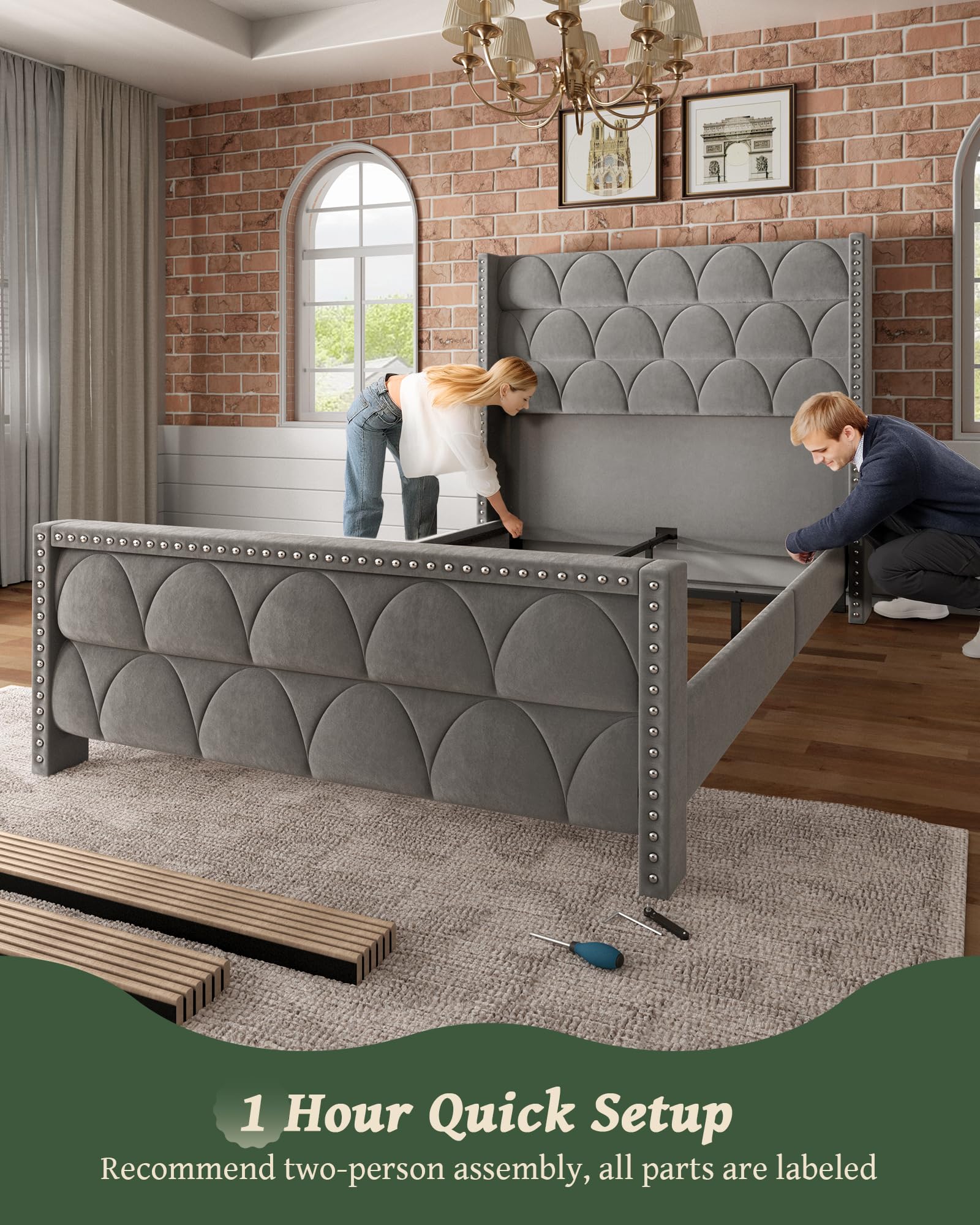 Queen Size Bed Frame with 56" Headboard - 1000LBS Capacity Support, Velvet Upholstered Wingback , Noise Free, Sturdy Wooden Slat Support