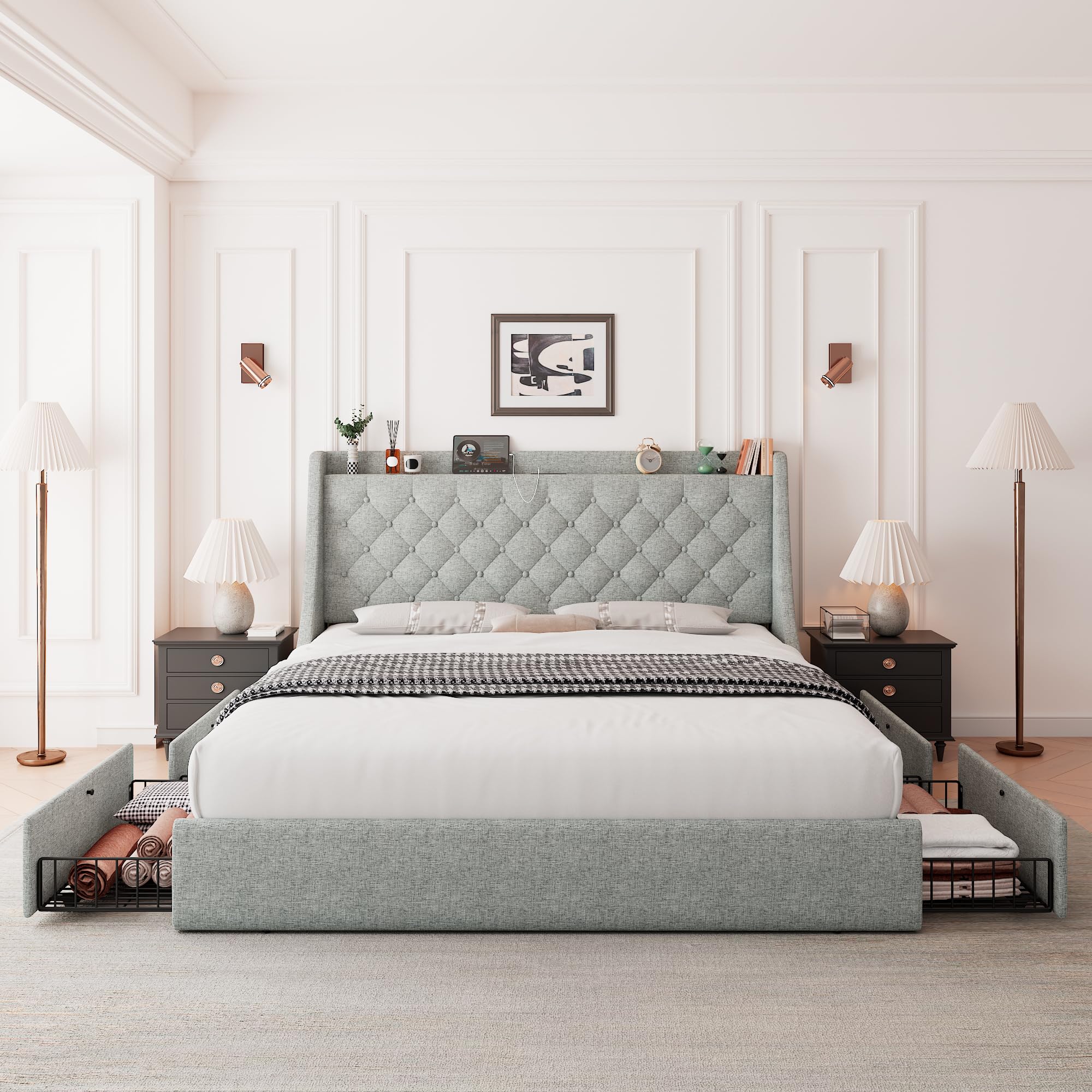 King Size Bed Frame with 4 Drawers, Upholstered Storage Bed with Charging Station, Tufted Wingback Storage Headboard, , Light Grey