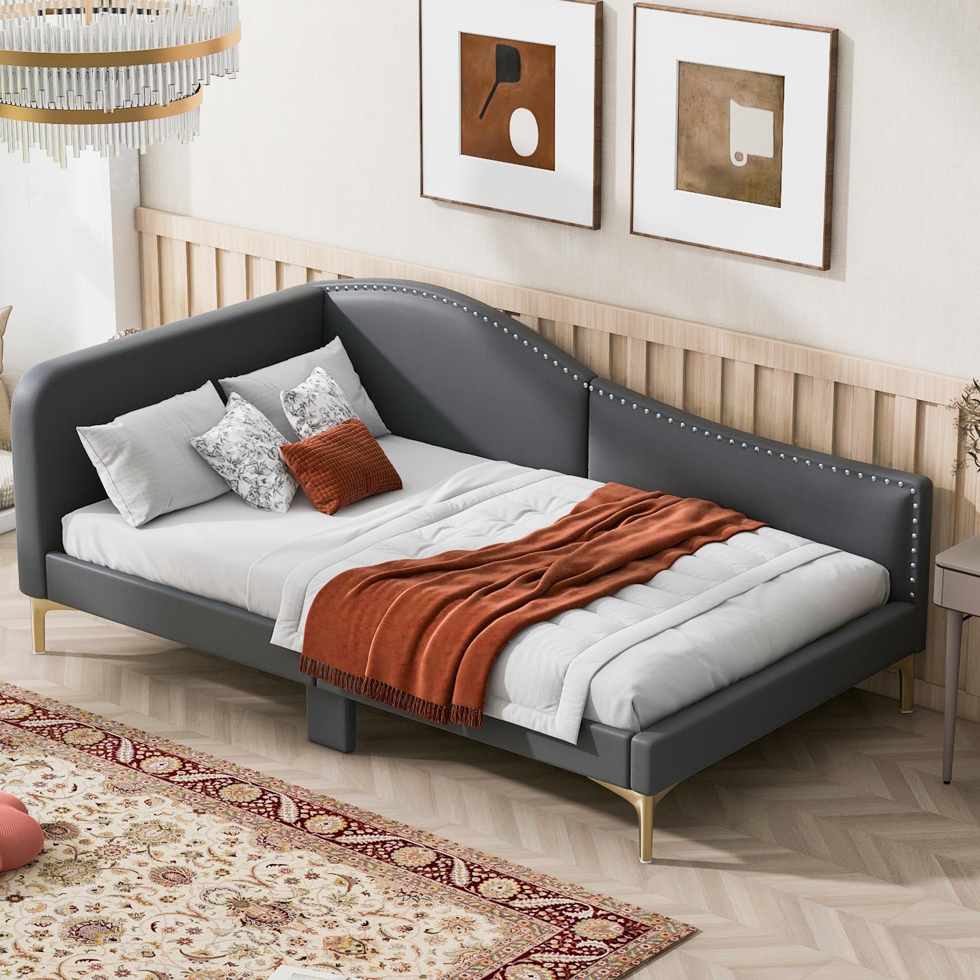 Furnix Designs Twin Size Upholstered Daybed with Headboard and Armrest, Grey Bed Frame with Support Legs