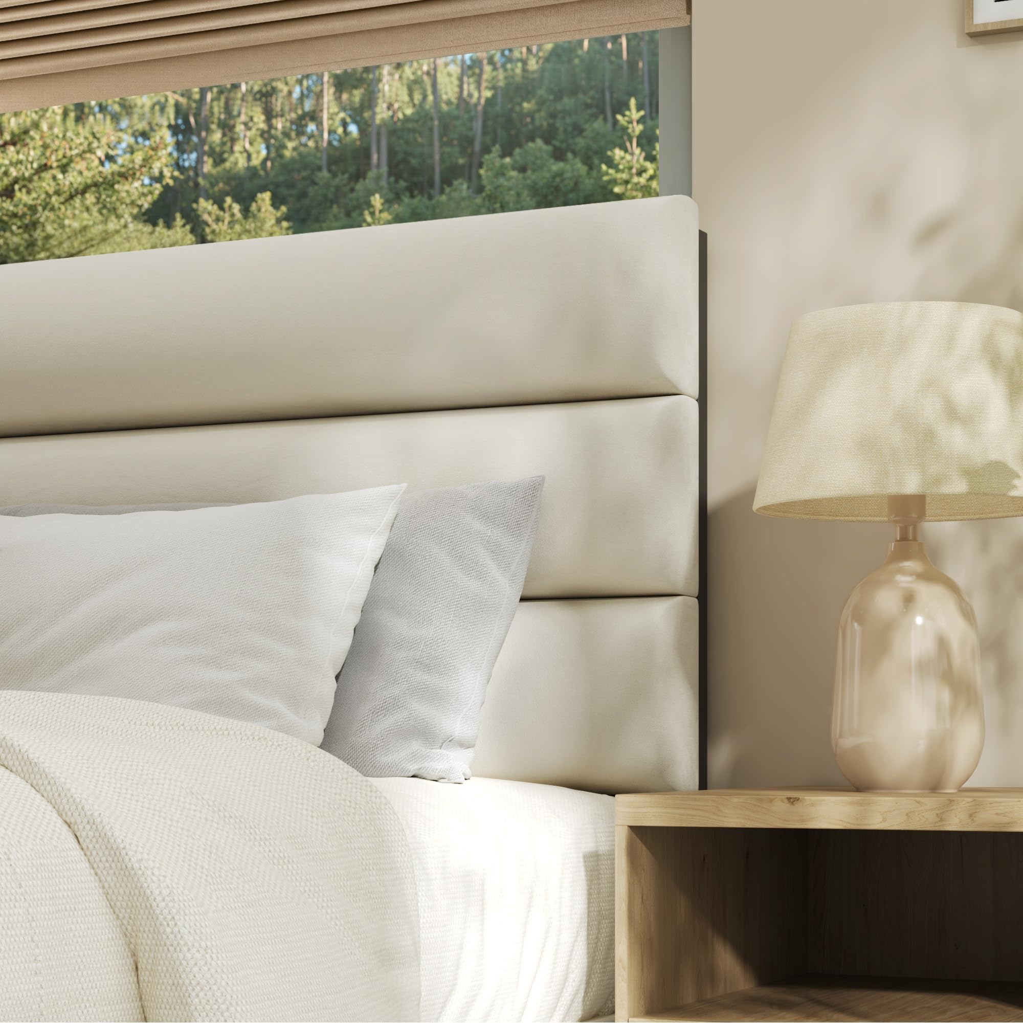 Queen Bed Frame, Platform Bed Frame with Velvet Upholstered Headboard, , Sturdy Metal Support, Noise Free, , Modern Bedroom Furniture, Beige