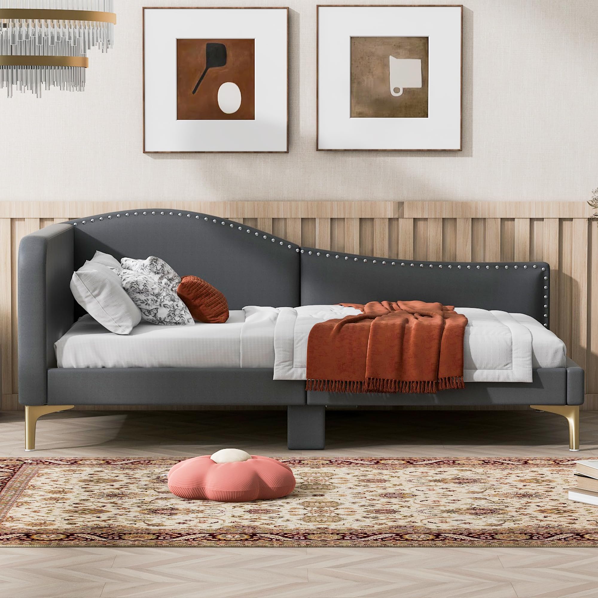 Furnix Designs Twin Size Upholstered Daybed with Headboard and Armrest, Grey Bed Frame with Support Legs