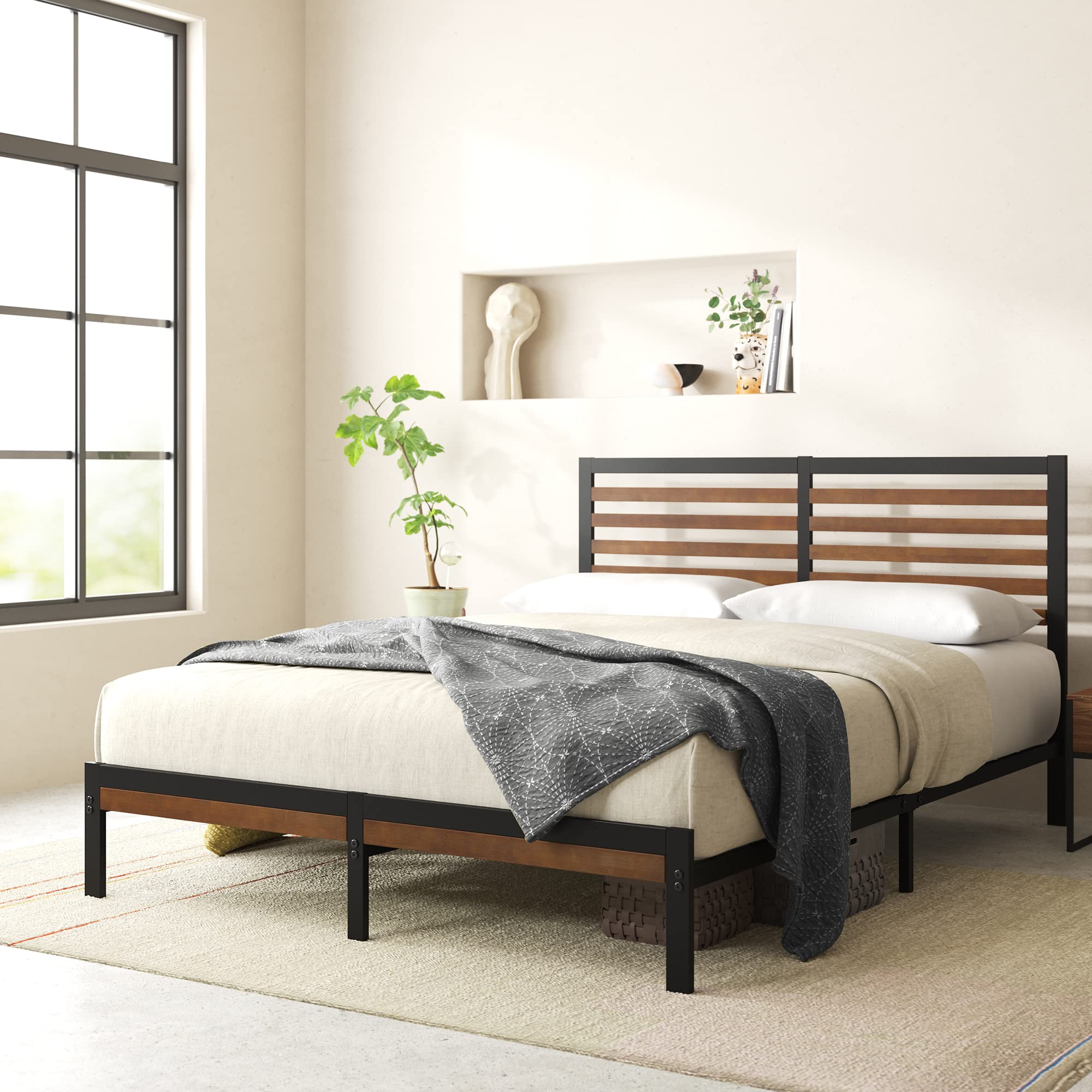 Kai Bamboo and Metal Platform Bed Frame with Headboard, No Box Spring Needed, Easy Assembly, Queen, Brown