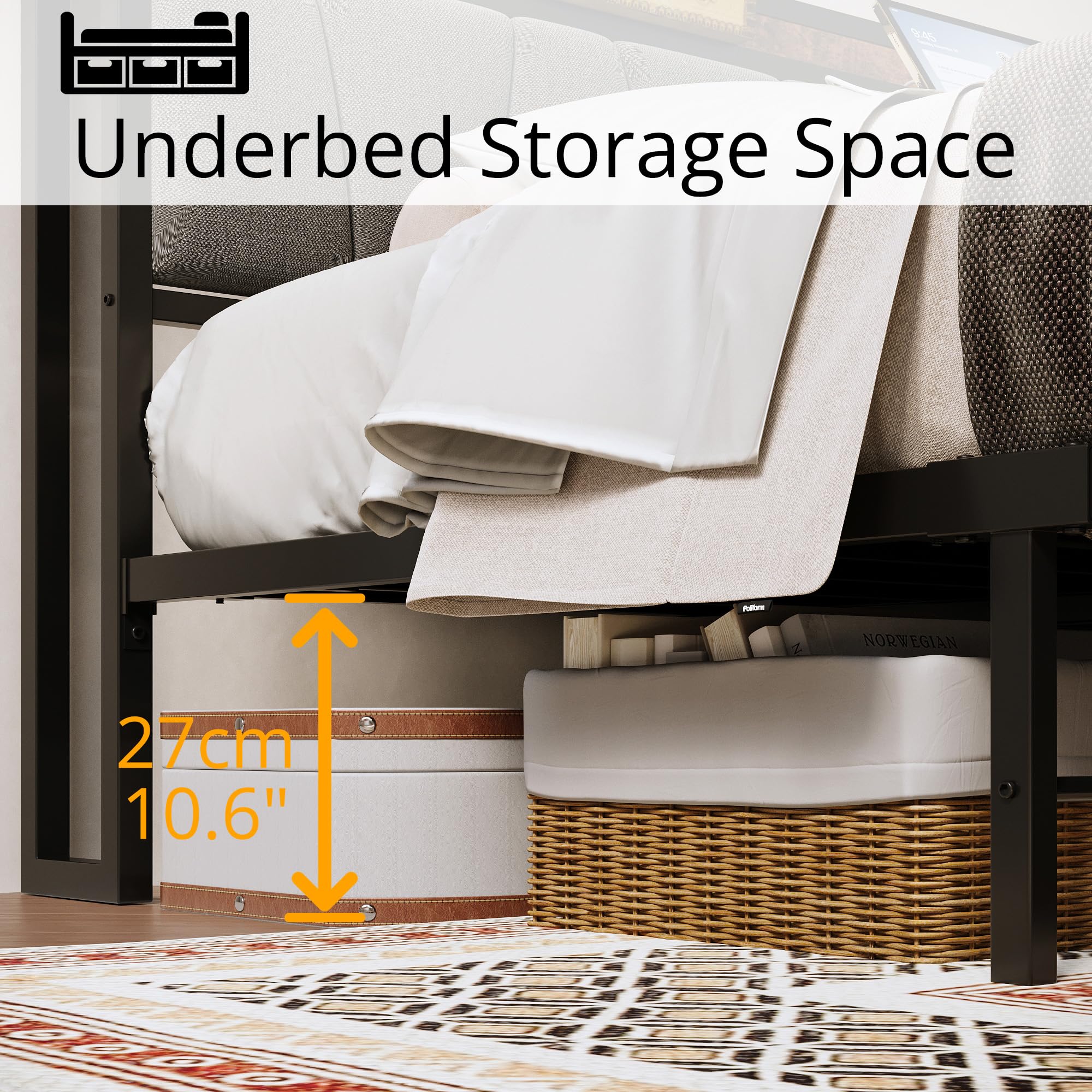 Queen Bed Frame, Storage Headboard with Charging Station, Solid and Stable, Noise Free, No Box Spring Needed, Easy Assembly