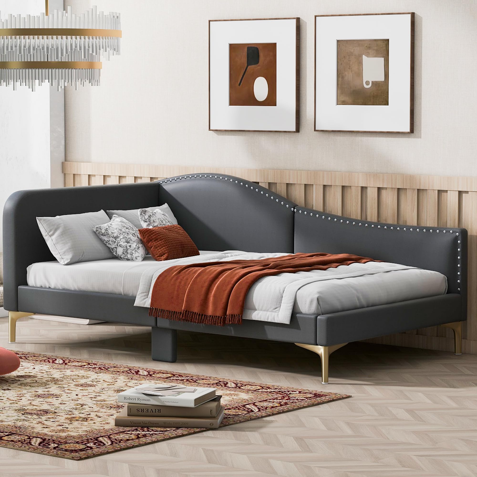 Furnix Designs Twin Size Upholstered Daybed with Headboard and Armrest, Grey Bed Frame with Support Legs