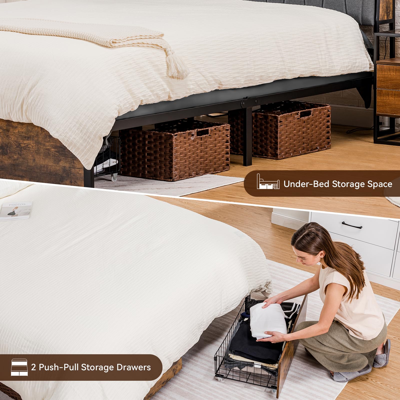 Platform Bed Frame with LED Lights and Charging Station, Storage Headboard and Footboard Drawers, , Rustic Wood Look (Queen)