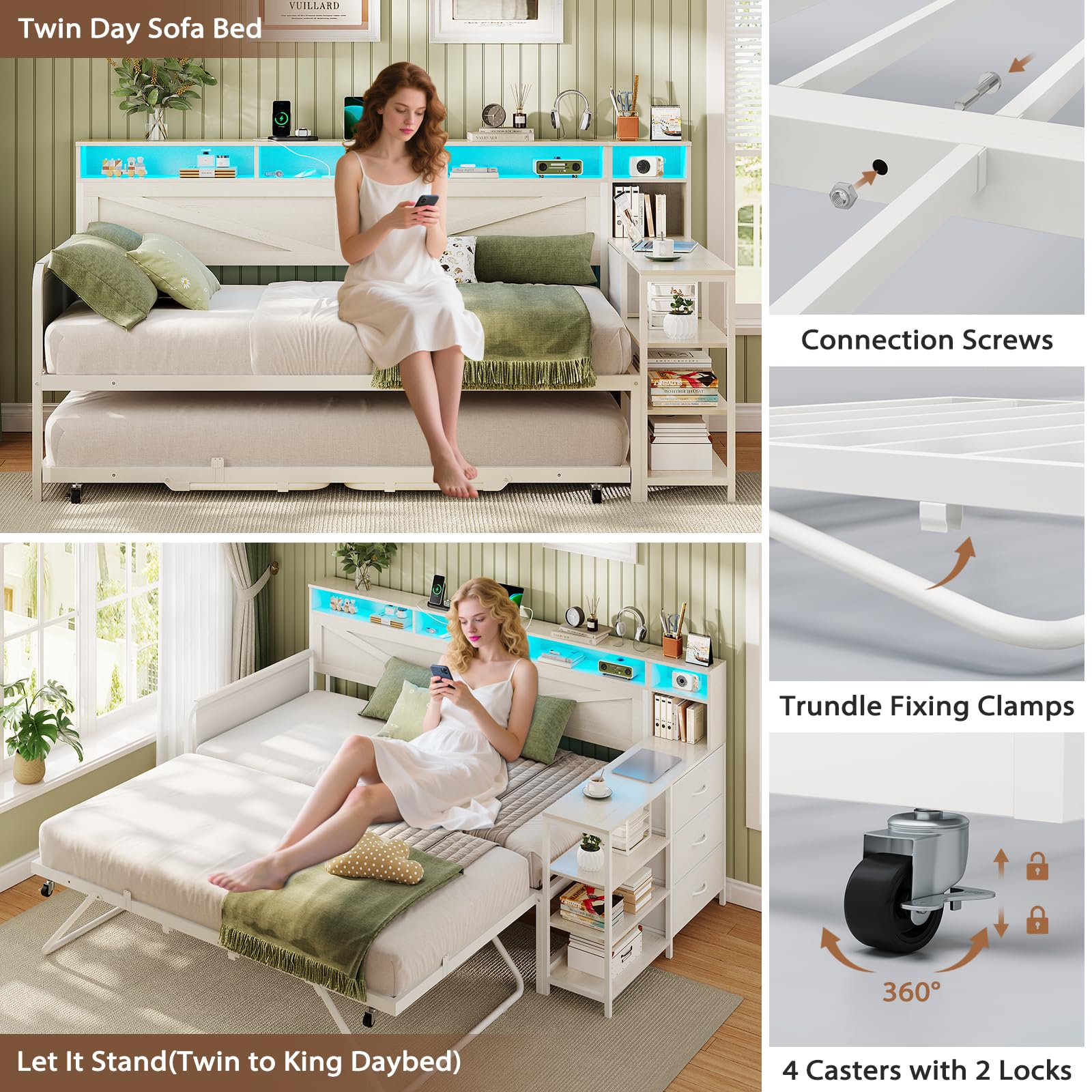 Twin Daybed with Pop-Up Trundle, Farmhouse Wood Frame with 3 Storage Drawers, Shelves, LED Lights & Charging Station, Twin to King, White