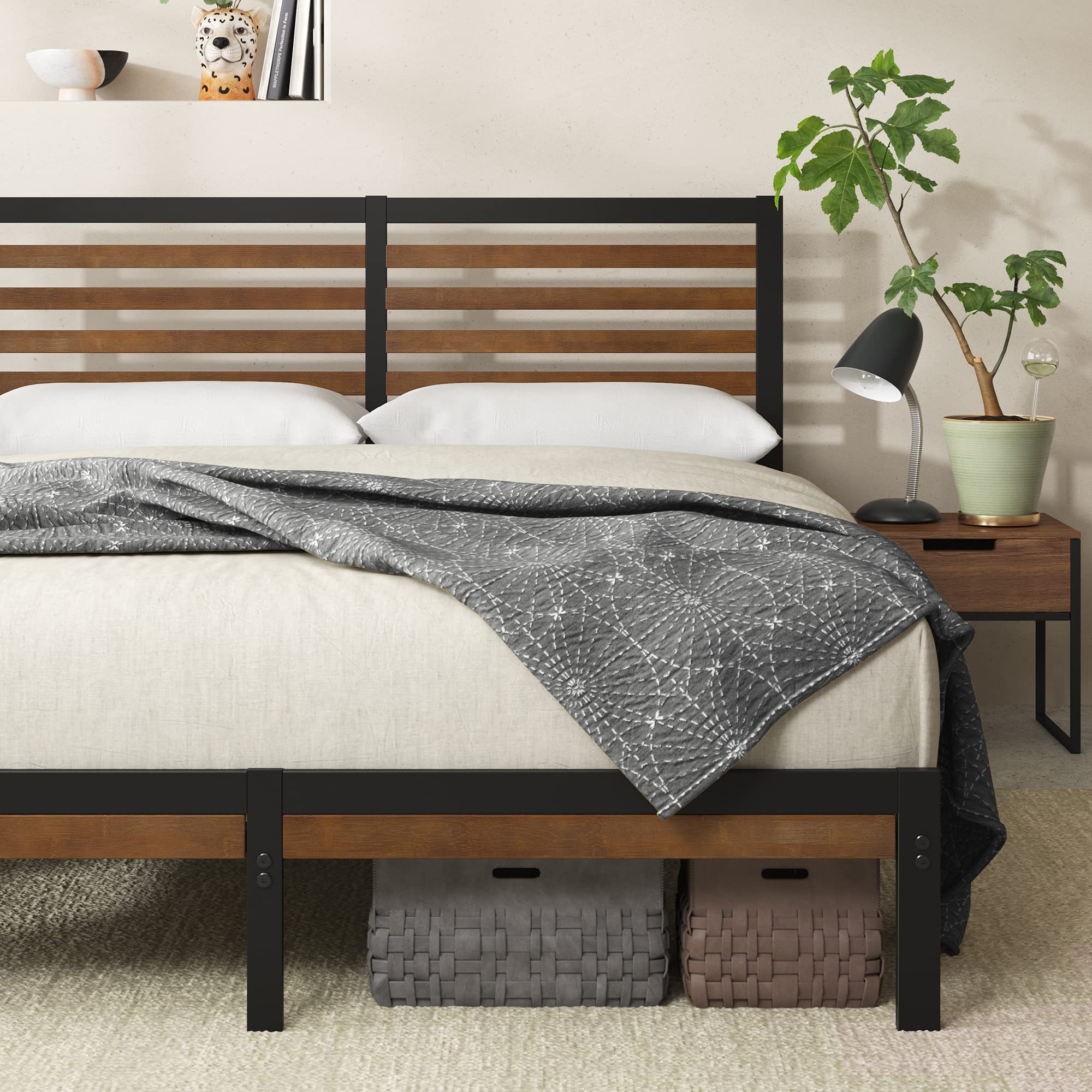 Kai Bamboo and Metal Platform Bed Frame with Headboard, No Box Spring Needed, Easy Assembly, Queen, Brown