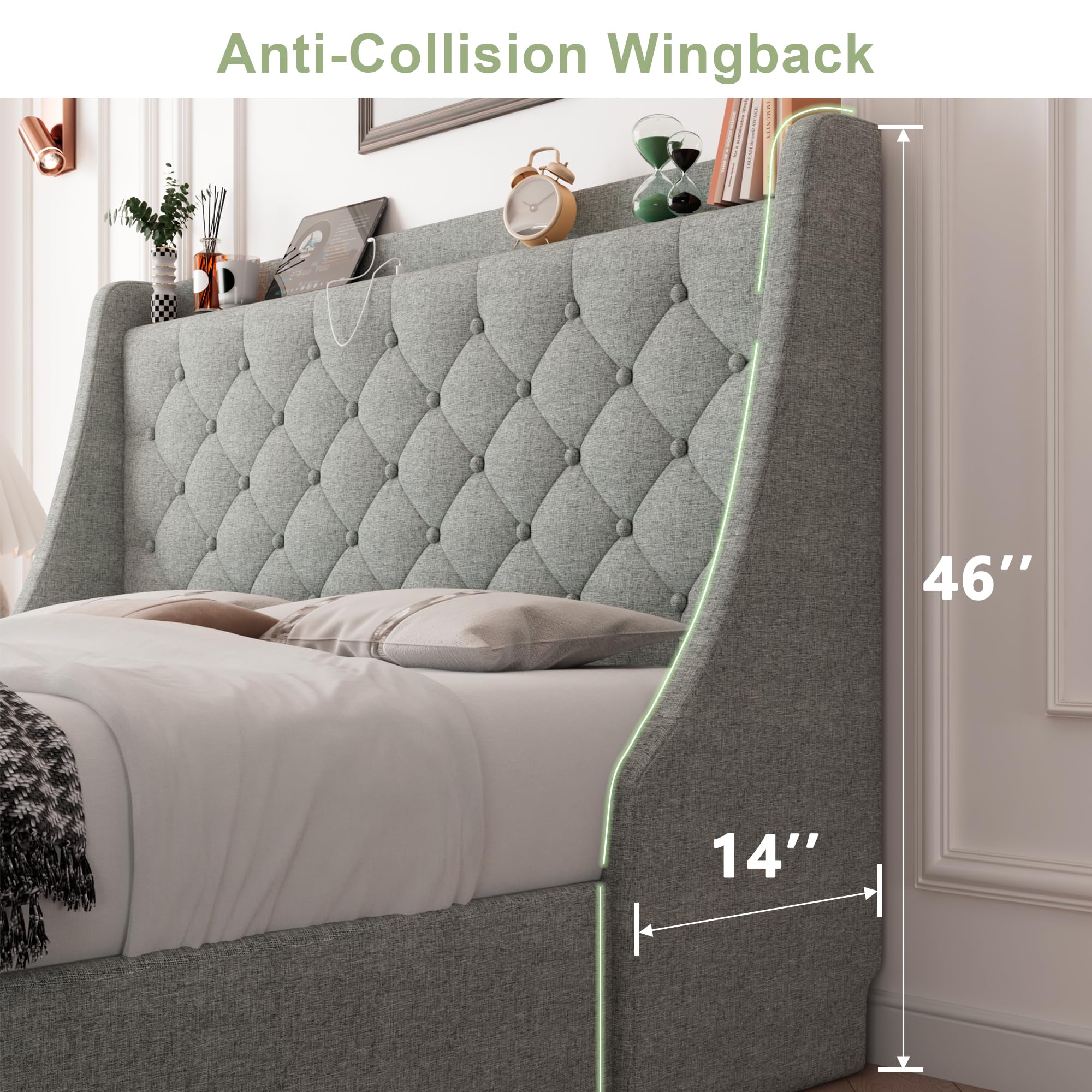 King Size Bed Frame with 4 Drawers, Upholstered Storage Bed with Charging Station, Tufted Wingback Storage Headboard, , Light Grey
