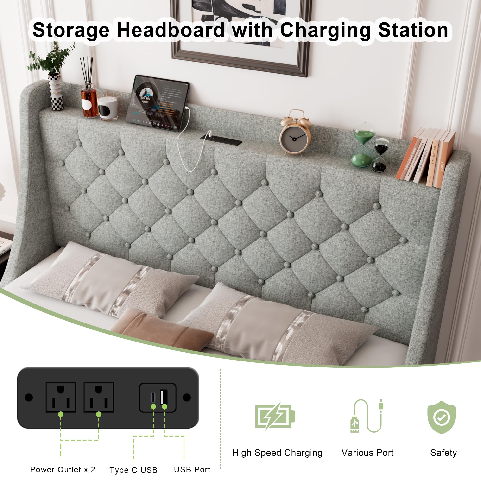 King Size Bed Frame with 4 Drawers, Upholstered Storage Bed with Charging Station, Tufted Wingback Storage Headboard, , Light Grey