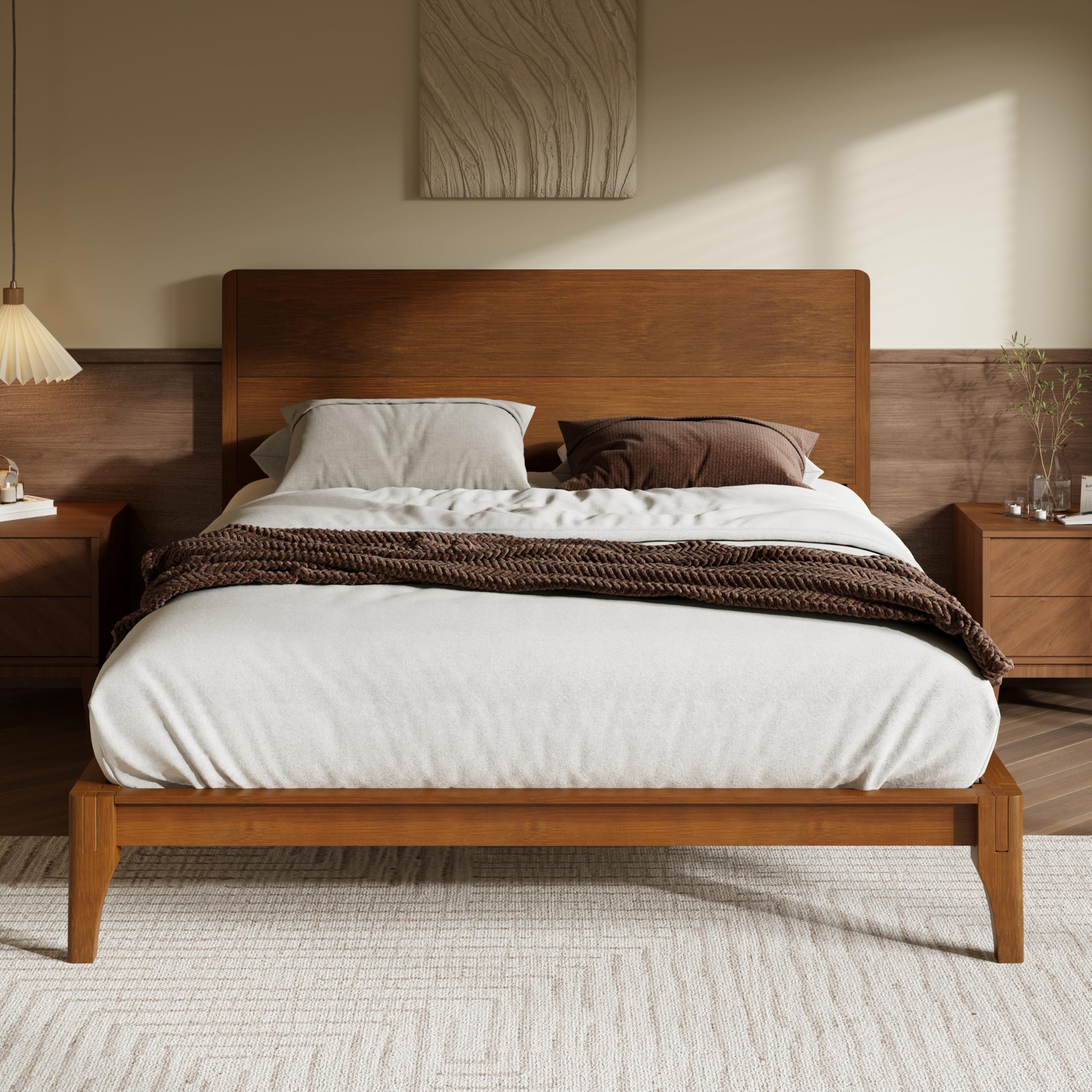 Queen Size Bamboo Platform Bed, Mid-Century Modern Bed Frame with Tall Headboard, Wood Slat Support, No Box Spring Needed, , Brown