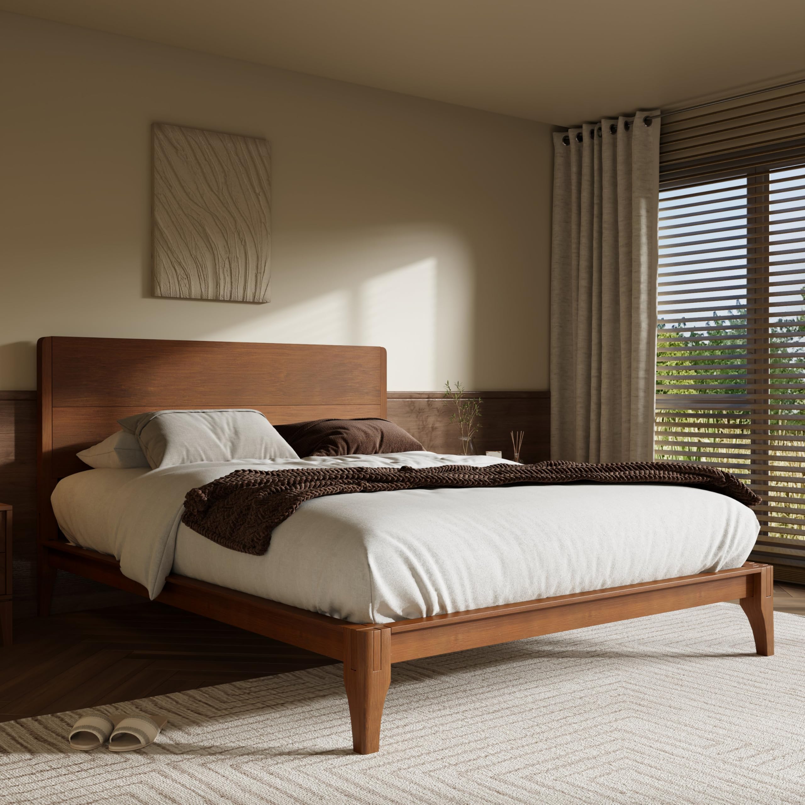 Queen Size Bamboo Platform Bed, Mid-Century Modern Bed Frame with Tall Headboard, Wood Slat Support, No Box Spring Needed, , Brown
