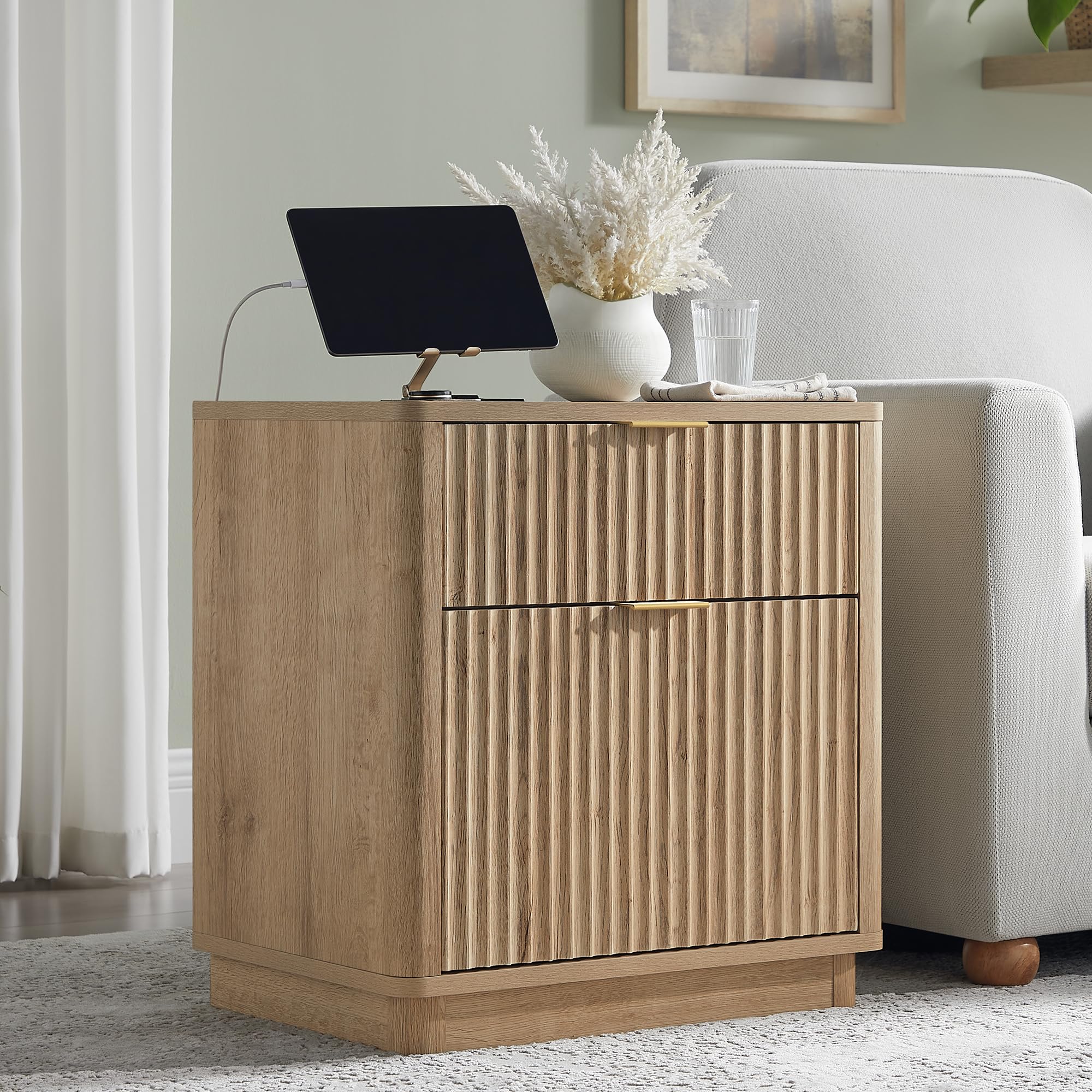23" Fluted Nightstand with Charging Station, 2-Drawer Bedside Table, Modern End Table for Bedroom & Living Room, Natural Oak Finish