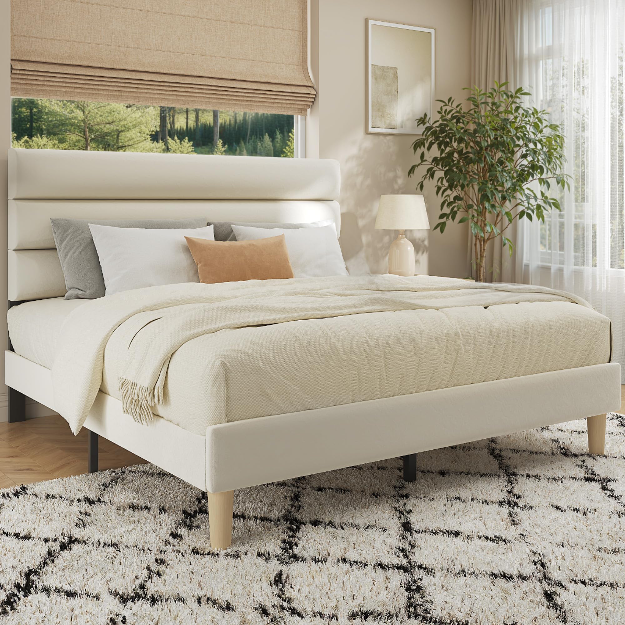 Queen Bed Frame, Platform Bed Frame with Velvet Upholstered Headboard, , Sturdy Metal Support, Noise Free, , Modern Bedroom Furniture, Beige