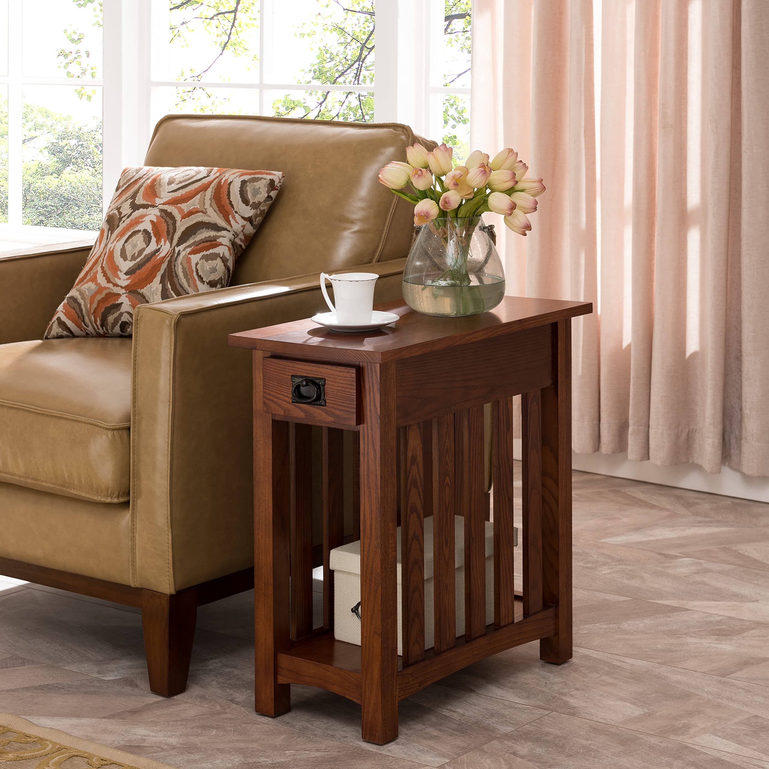 Mission End Table, Solid Wood with Drawer & Bottom Shelf, Narrow Slatted Side Table, Easy Assembly, Medium Oak, 23.5"x17"x24", 8202